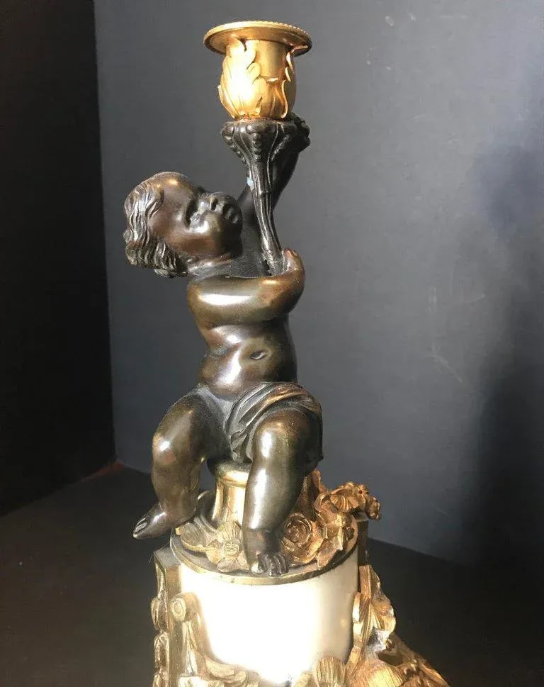 Louis XVI Style Putto Ormolu Patinated Bronze and Marble Candlestick - 2
