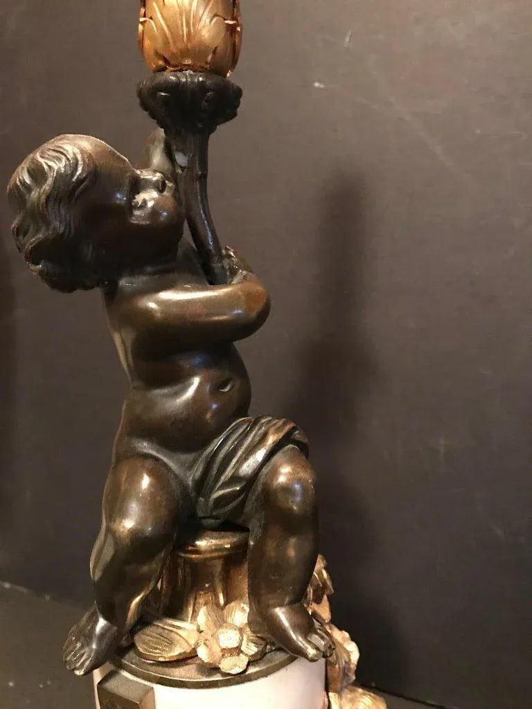 Louis XVI Style Putto Ormolu Patinated Bronze and Marble Candlestick - 3