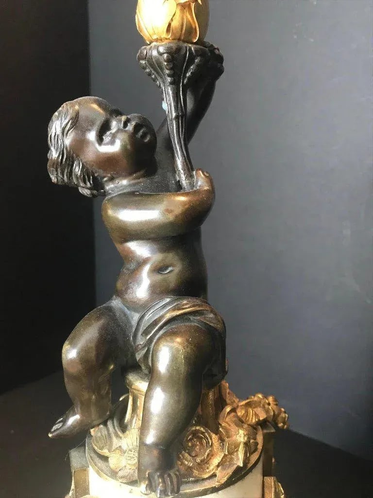 Louis XVI Style Putto Ormolu Patinated Bronze and Marble Candlestick - 4