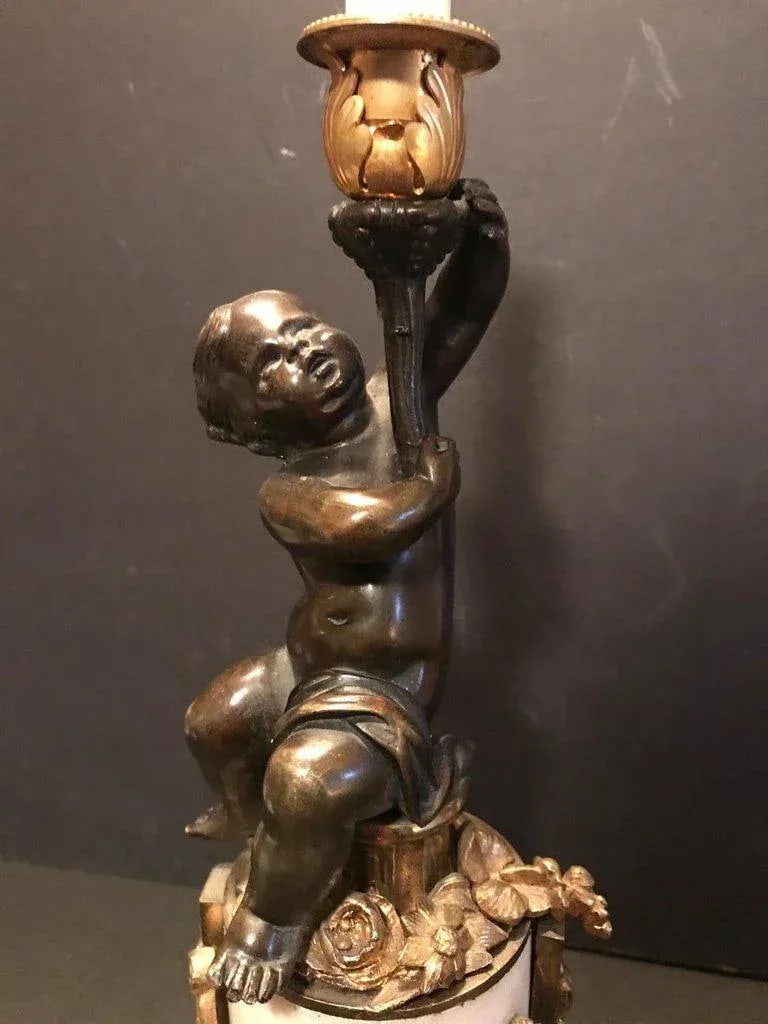 Louis XVI Style Putto Ormolu Patinated Bronze and Marble Candlestick - 5