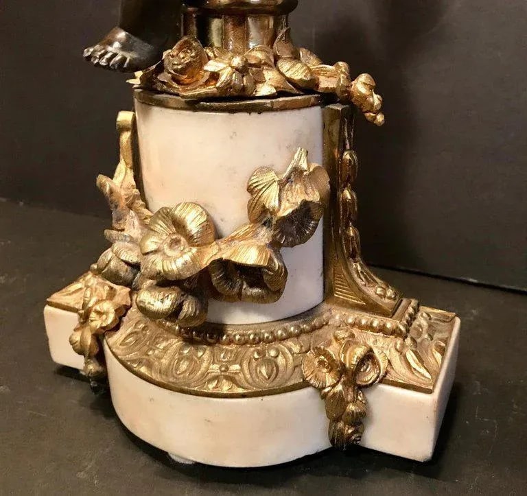 Louis XVI Style Putto Ormolu Patinated Bronze and Marble Candlestick - 6