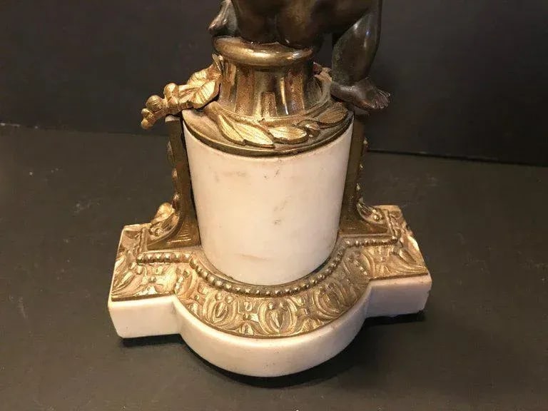 Louis XVI Style Putto Ormolu Patinated Bronze and Marble Candlestick - 7