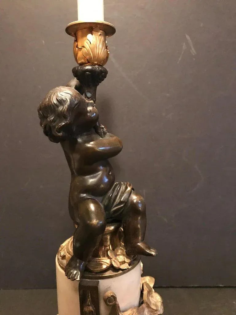 Louis XVI Style Putto Ormolu Patinated Bronze and Marble Candlestick - 9
