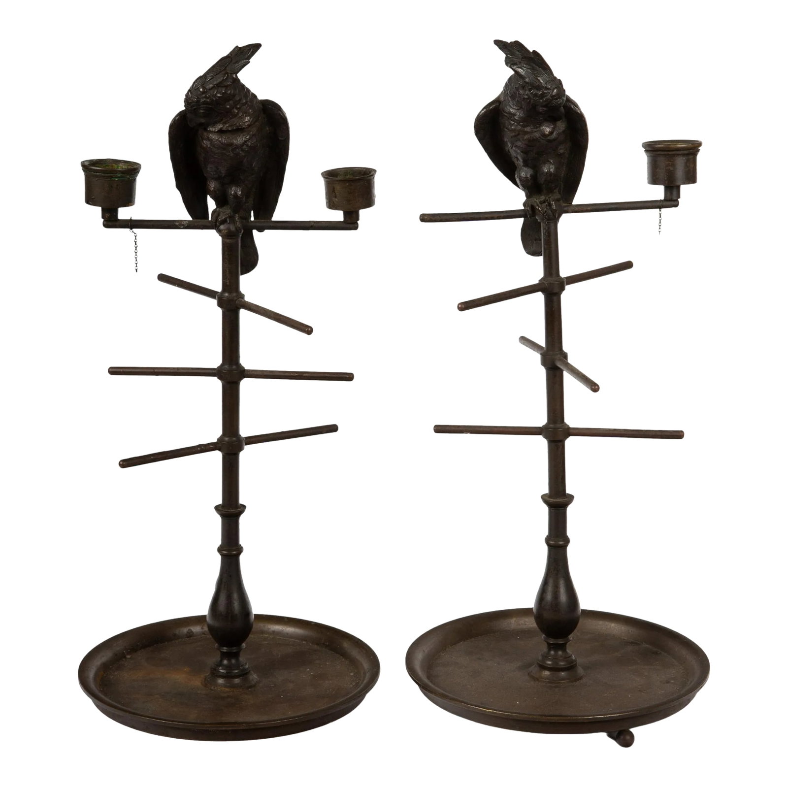 19th Century Parakeet Perch Inkwell Candlesticks: Ink 'n' Perch Delight! - A Pair: These exquisite 19th-century bronze parakeet on perch candlestick inkwells showcase the fine craftsmanship of the era. Each inkwell features a beautifully designed parakeet with a hinged head that