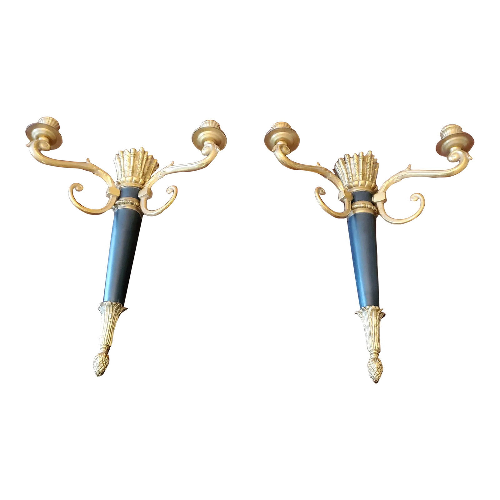 Vintage Mid-Century Hollywood Quiver Sconces - a Pair: A fine and original vintage mid century modern designer quiver sconces. Having a dark patina on the body much like Napoleonic period empire sconces with rich gilt gold ormolu plating on the branches