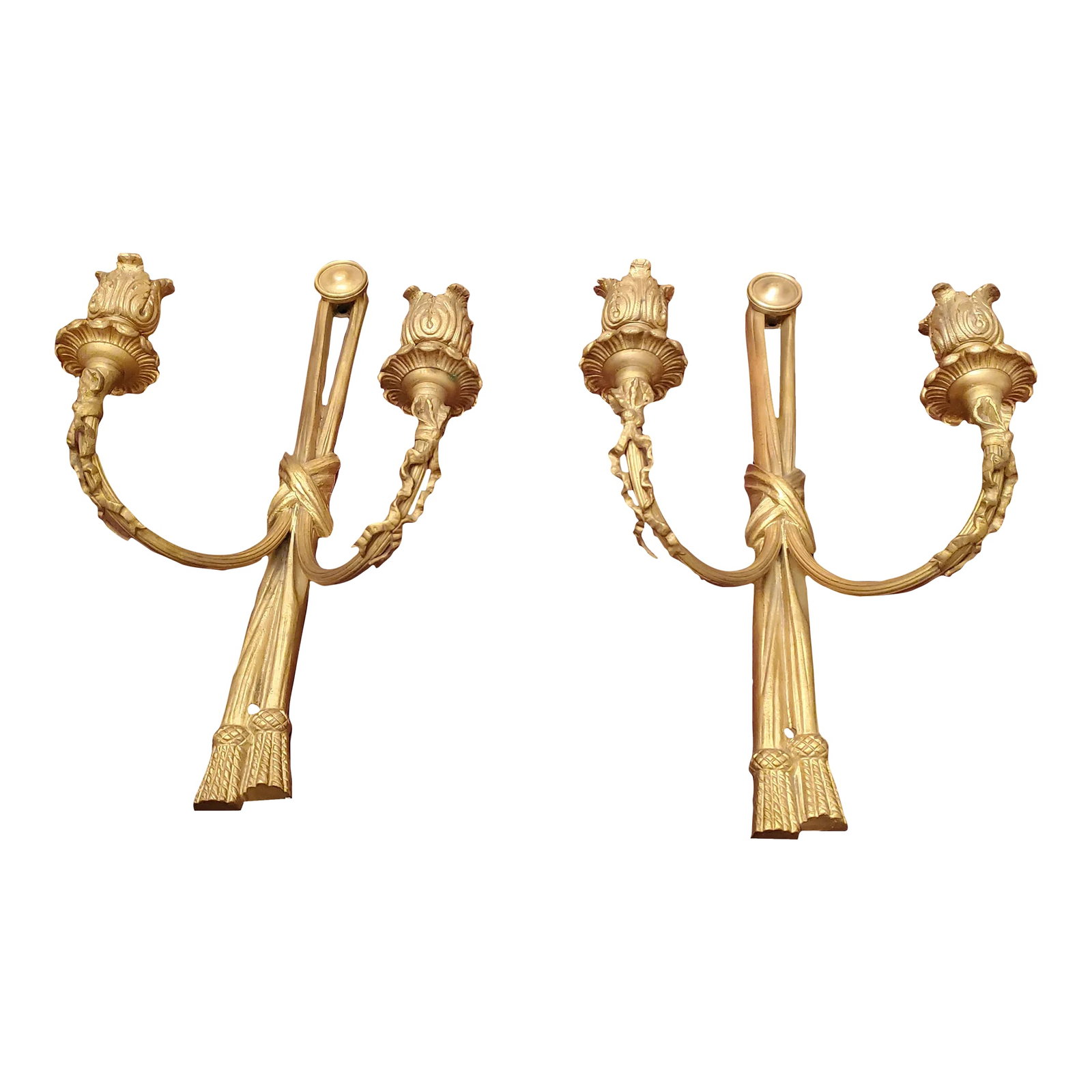 Pair Antique Gilt Bronze Ormolu Louis XV Style Sconces: Antique original pair of gilt gold ormolu bronze sconces. Circa 1900 with sharp cast bronze detail and realistic flowing formation of tassels on the bottom and bow decorative design. Note this is a