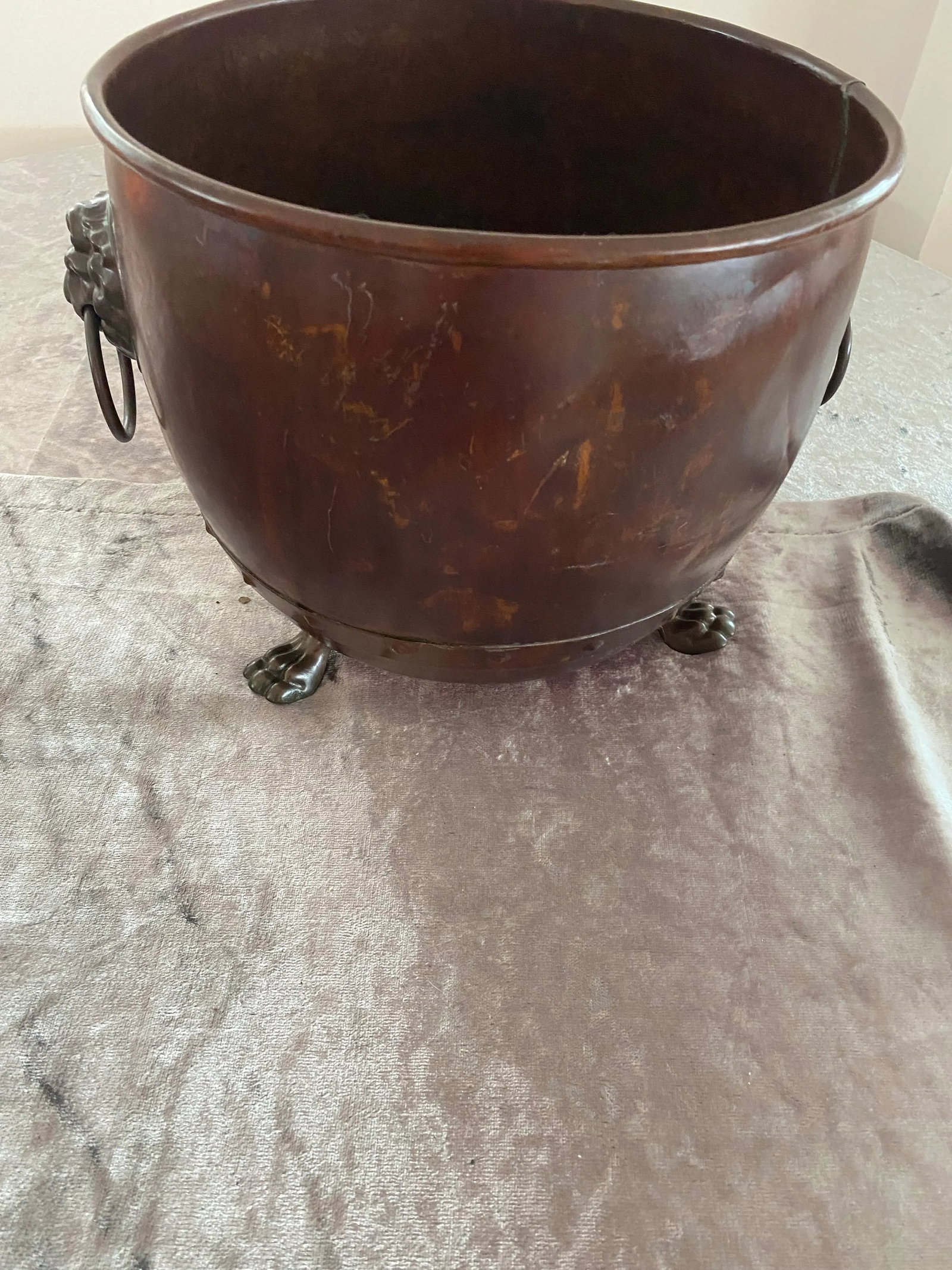 Antique Late 1800s Handmade Copper Champagne Bucket With Decorative Lions Head Handles - 2