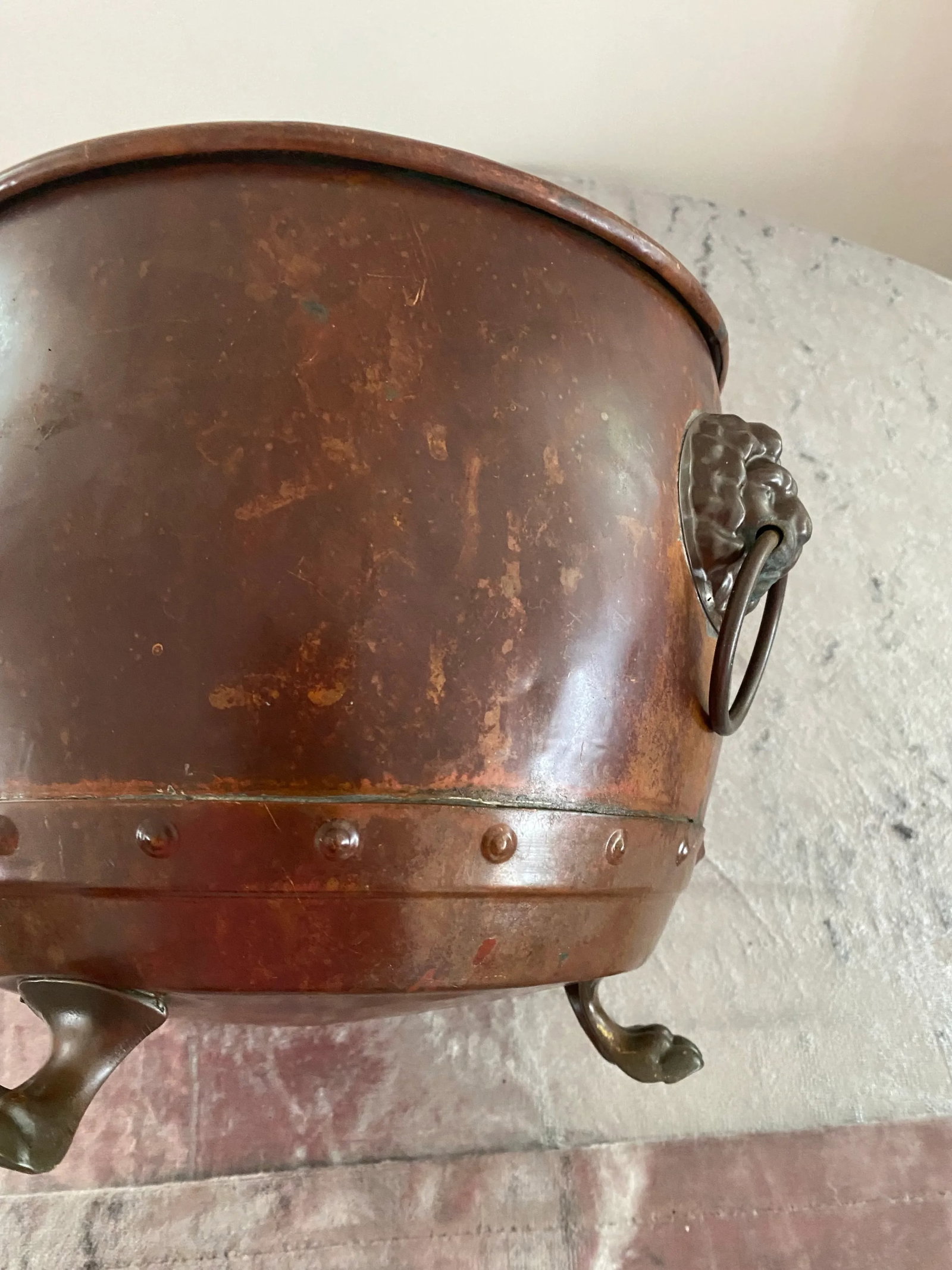Antique Late 1800s Handmade Copper Champagne Bucket With Decorative Lions Head Handles - 4