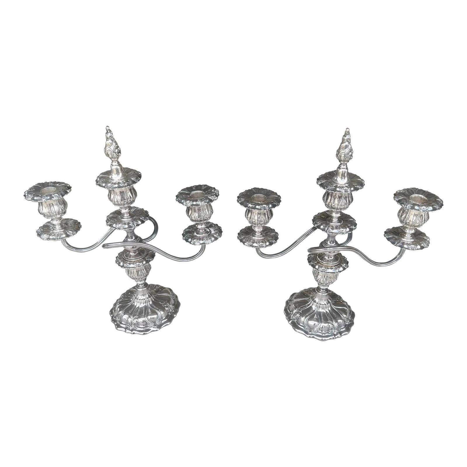 1920s Crescent Silverware Mfg. Co. Arm Candelabras- Set of 2: Beautiful and detailed candelabras with twisted candle holders, nice flame finial removable cap. Three removable bobeches and one of the often lost finial all with ornate detail can be converted to
