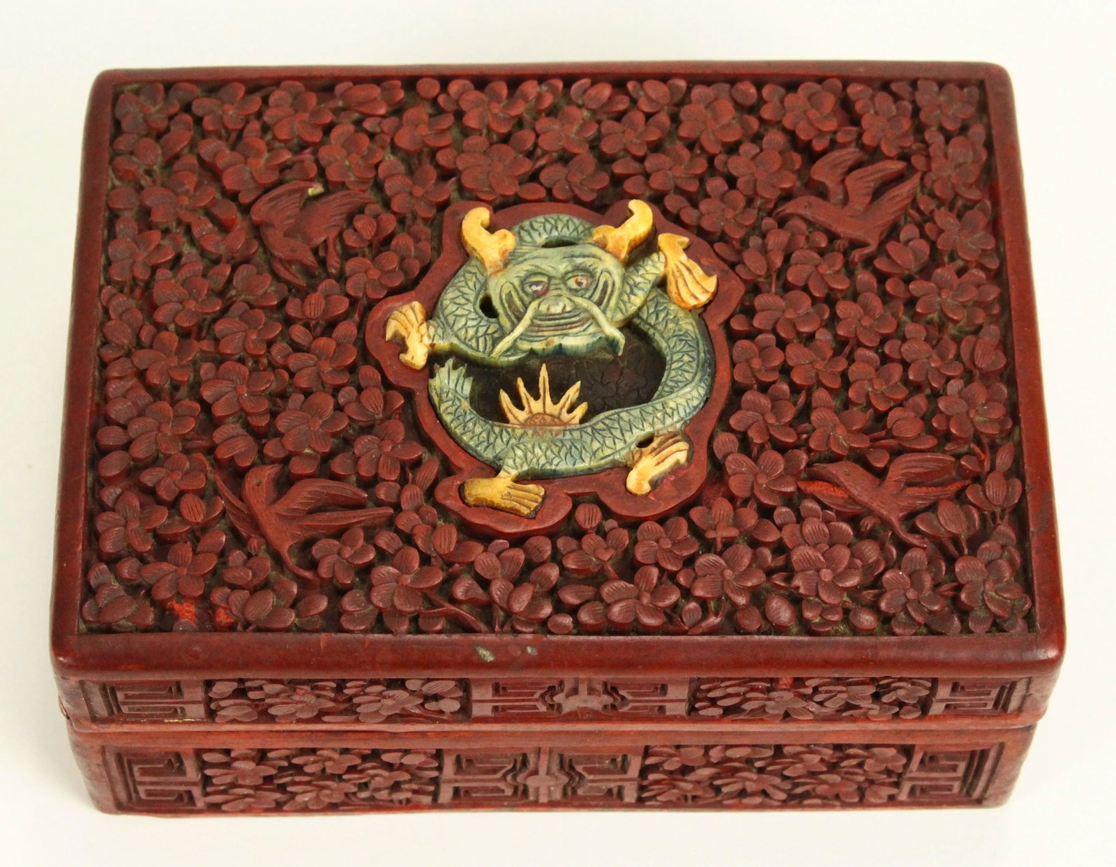Late 19th Century Chinese Red Cinnabar Box With Carved Stone Dragon - 2