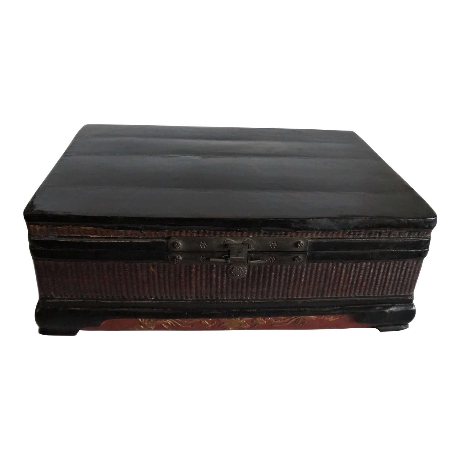 Chinese Antique Wood and Bamboo Document Box: It is common knowledge that fashions of the West never reached China until the late 19th century. Chinese clothing for men and women were always foldable, to be put away in boxes. This is such a