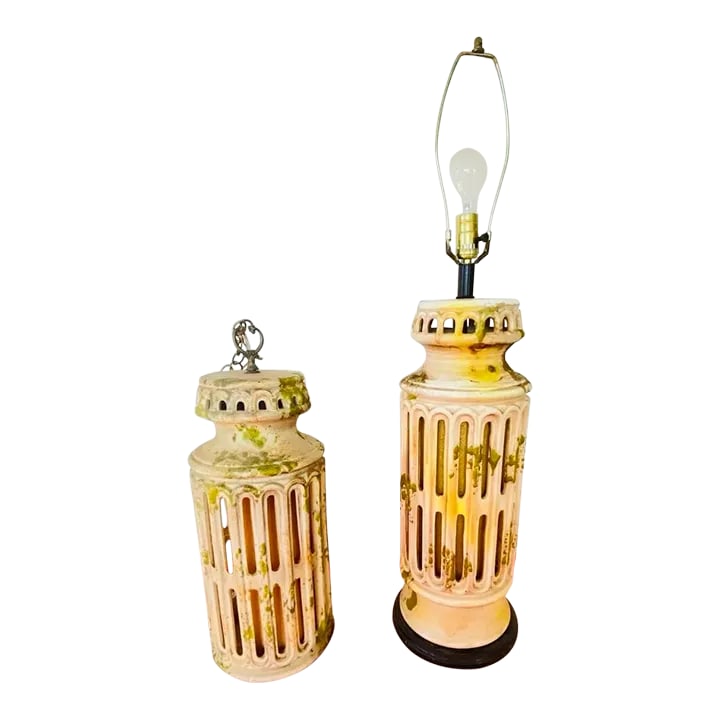 1970s Matching Mid-Century Table Lamp and Pendant Light Ceramic Handmade - Set of 2: This glazed ceramic table and pendant swag lamp is in perfect condition and can be a very unique addition for the atmosphere and design that you are planning to create. There are moss like ceramic