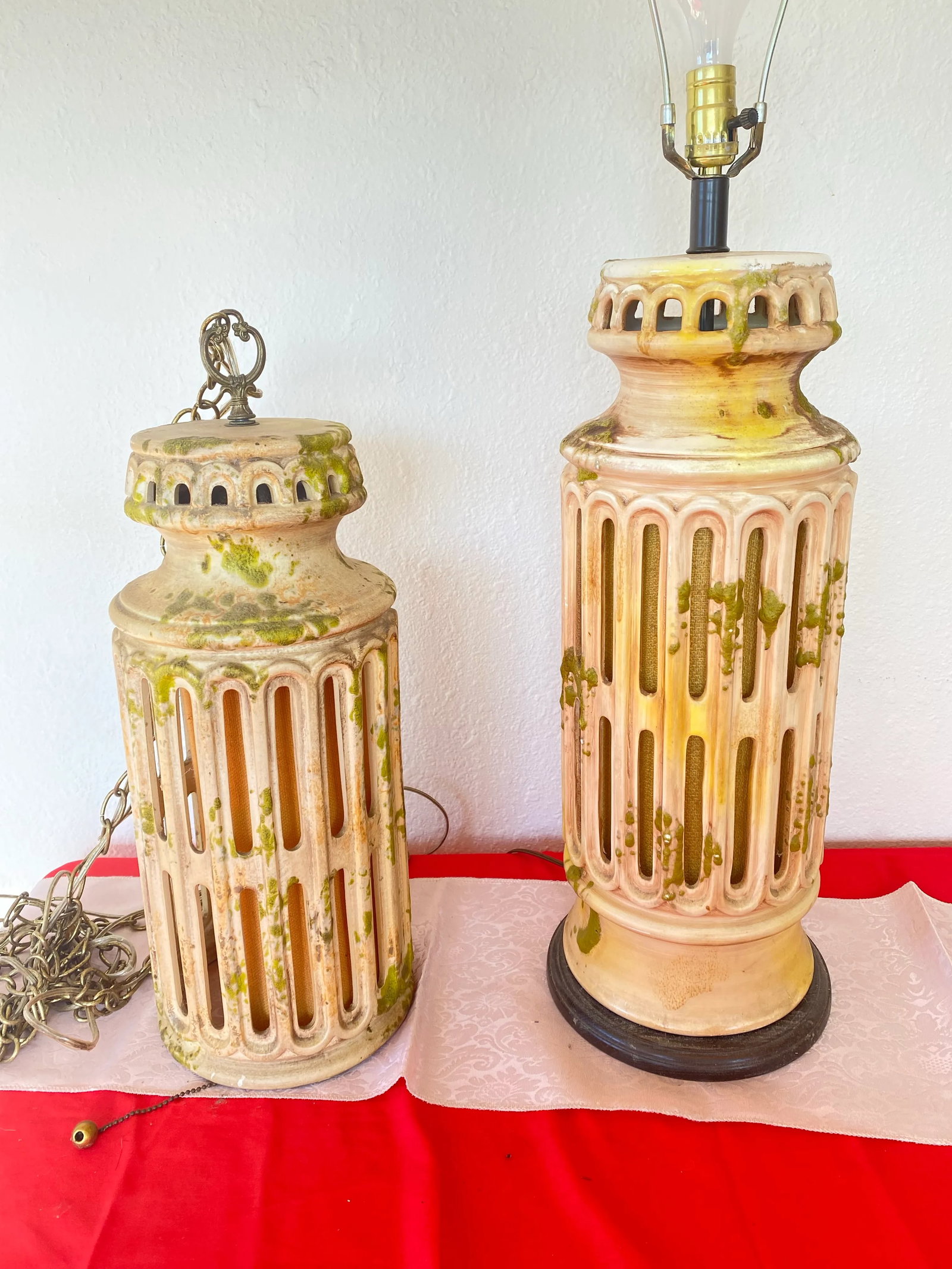 1970s Matching Mid-Century Table Lamp and Pendant Light Ceramic Handmade - Set of 2 - 2
