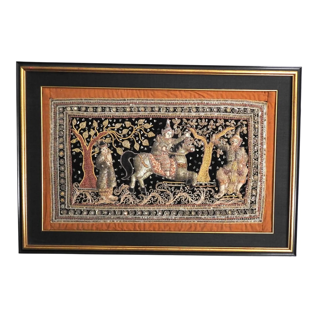 1930s Burmese Kalaga Tapestry Framed Ramayana: Burmese Kalaga framed tapestry, Ramayama epic. Khon Demon king Tosakan. Padded figures (linen, silk, velvet cotton) adorned with plain and metallic threads, sequins, and glass and stone beads. A few