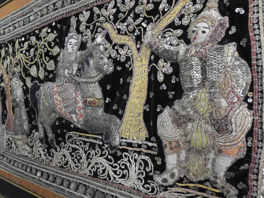 1930s Burmese Kalaga Tapestry Framed Ramayana - 6