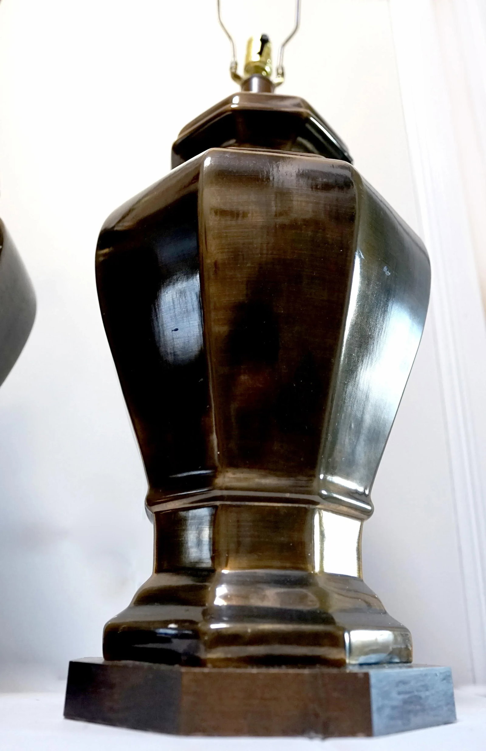 Vintage Brass Look, Hexagonal Ceramic Table Lamps, a Pair - 10