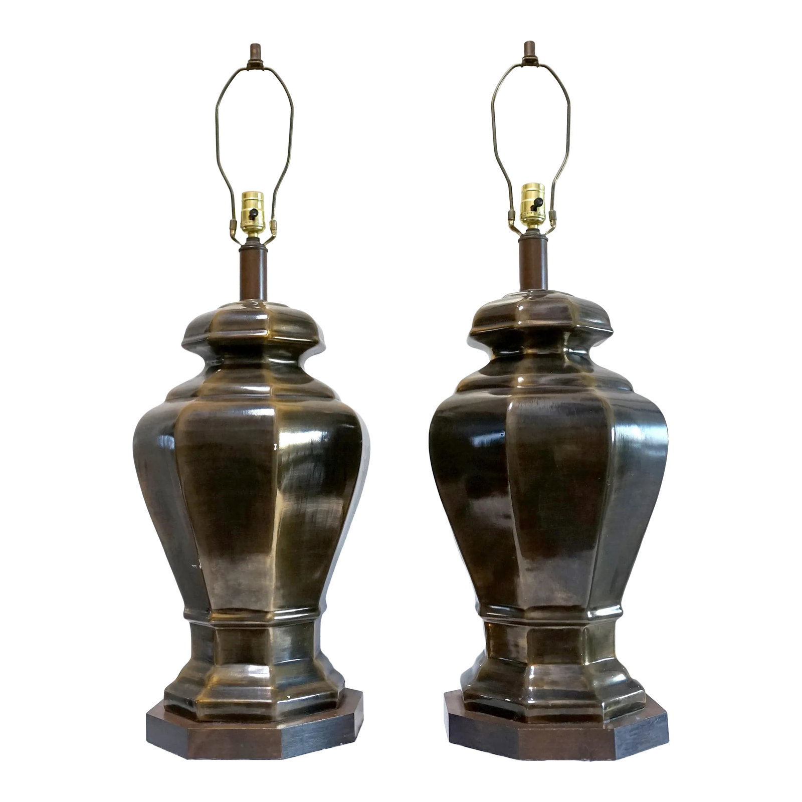 Vintage Brass Look, Hexagonal Ceramic Table Lamps, a Pair: I love the faux brass look of these ceramic lamps--yes ceramic. They have an architectural look, hexagonal, and they bring panache to a living area. This is the epitome of statement lighting. They