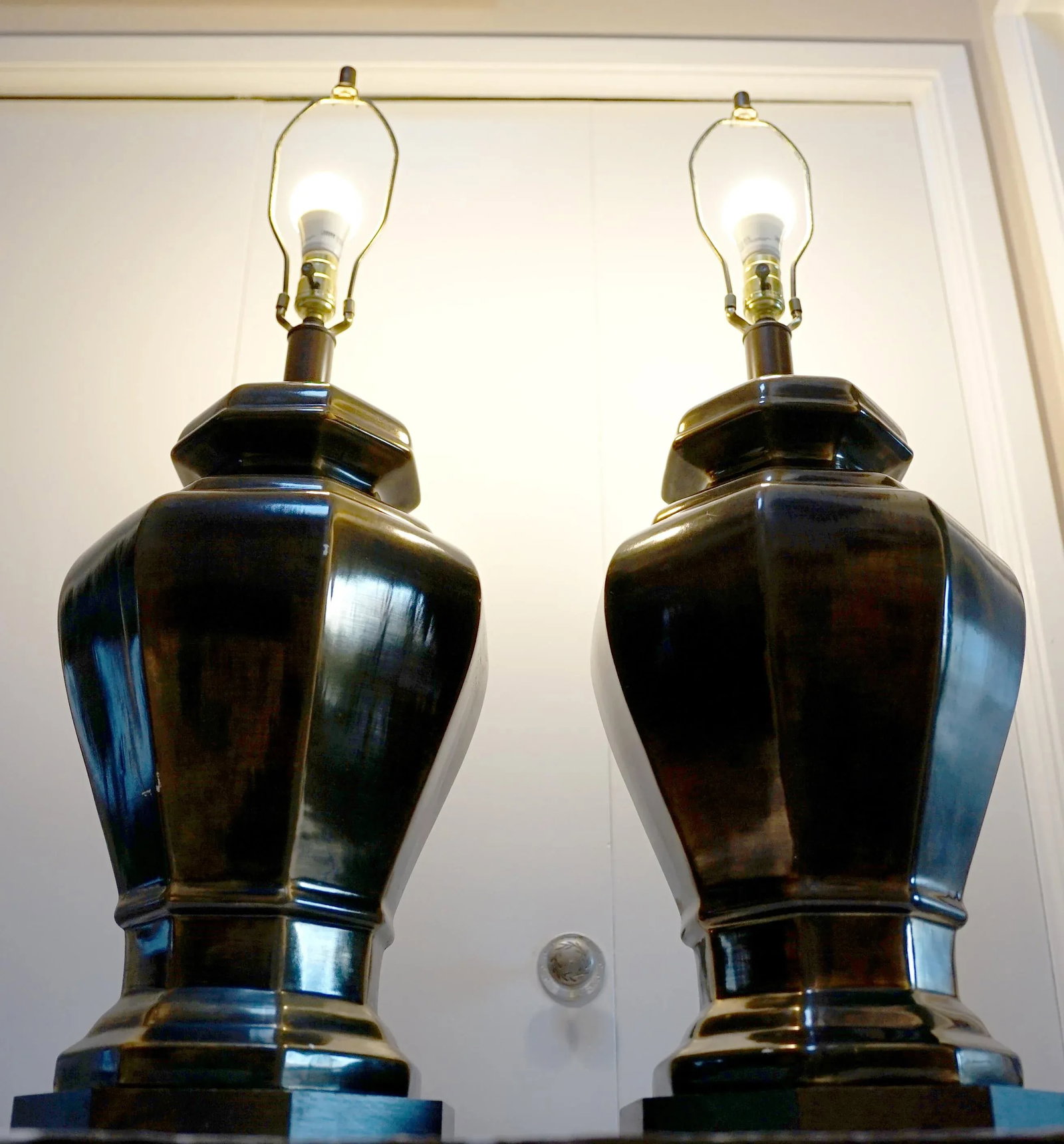 Vintage Brass Look, Hexagonal Ceramic Table Lamps, a Pair - 2