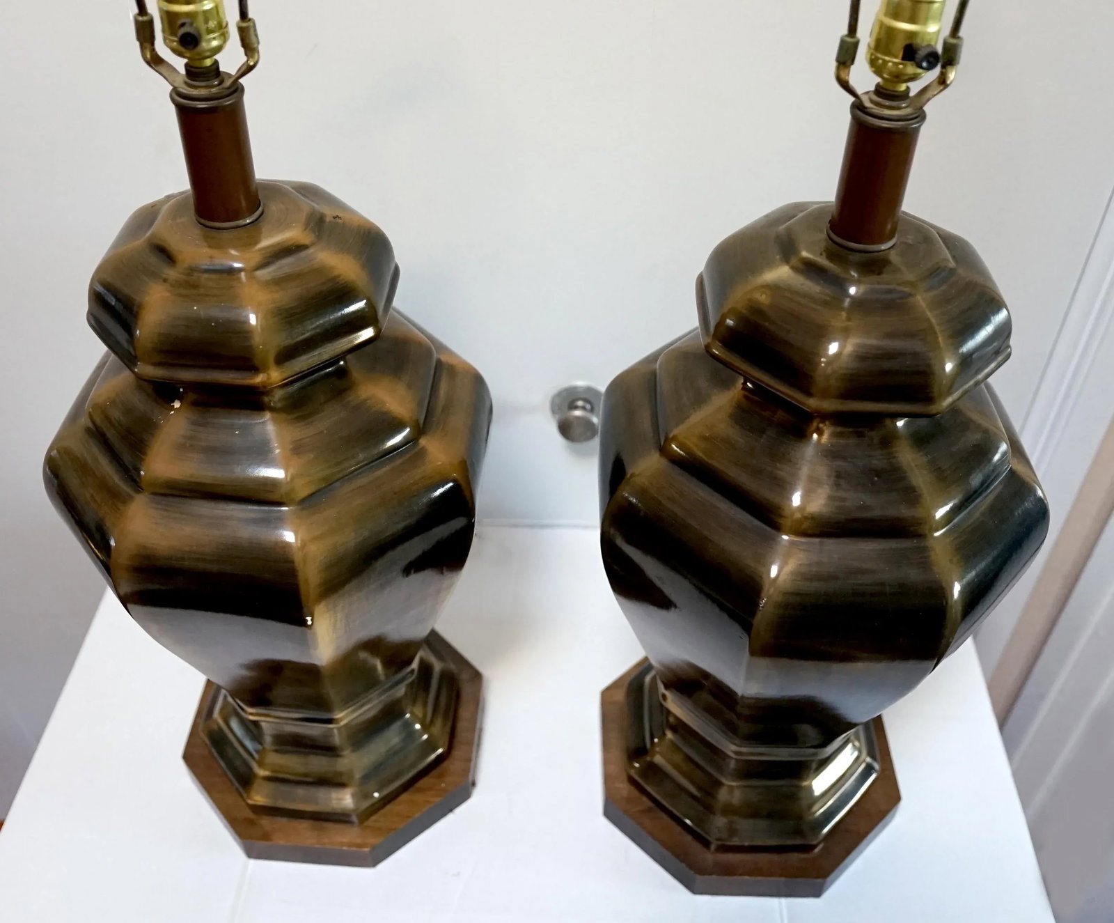 Vintage Brass Look, Hexagonal Ceramic Table Lamps, a Pair - 5