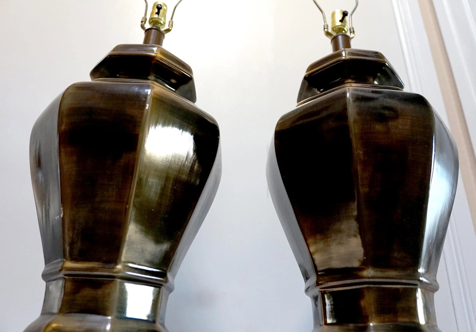 Vintage Brass Look, Hexagonal Ceramic Table Lamps, a Pair - 6