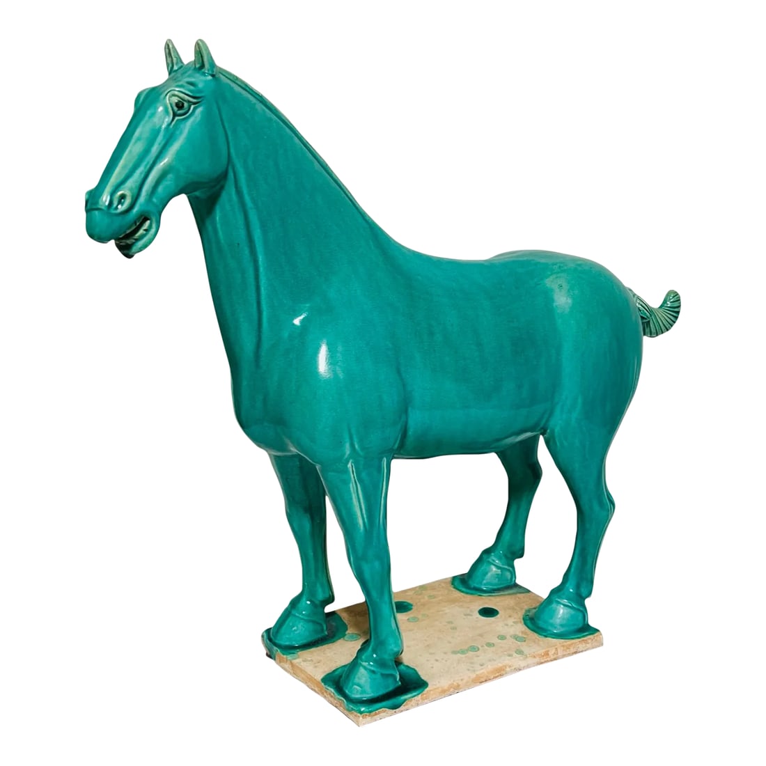 Vintage Ceramic Horse Standing Four Square on Plaque: The fascination of horses is a long tradition in Chinese Culture which reached its zenith in the Han Dynasty 206 BCE to CE 220. During that time there was a belief that the human souls resided in West