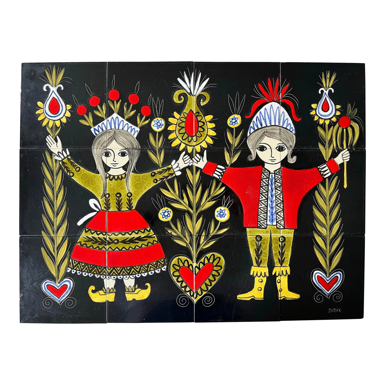 Mid Century French Ceramic Tile Art by Dodik Jegou: Mid Century hand painted tile artwork by French ceramicist Dodik Jegou. The 12 Polychrome enameled earthenware tiles are placed on a board to create a beautiful piece. With a black background, it