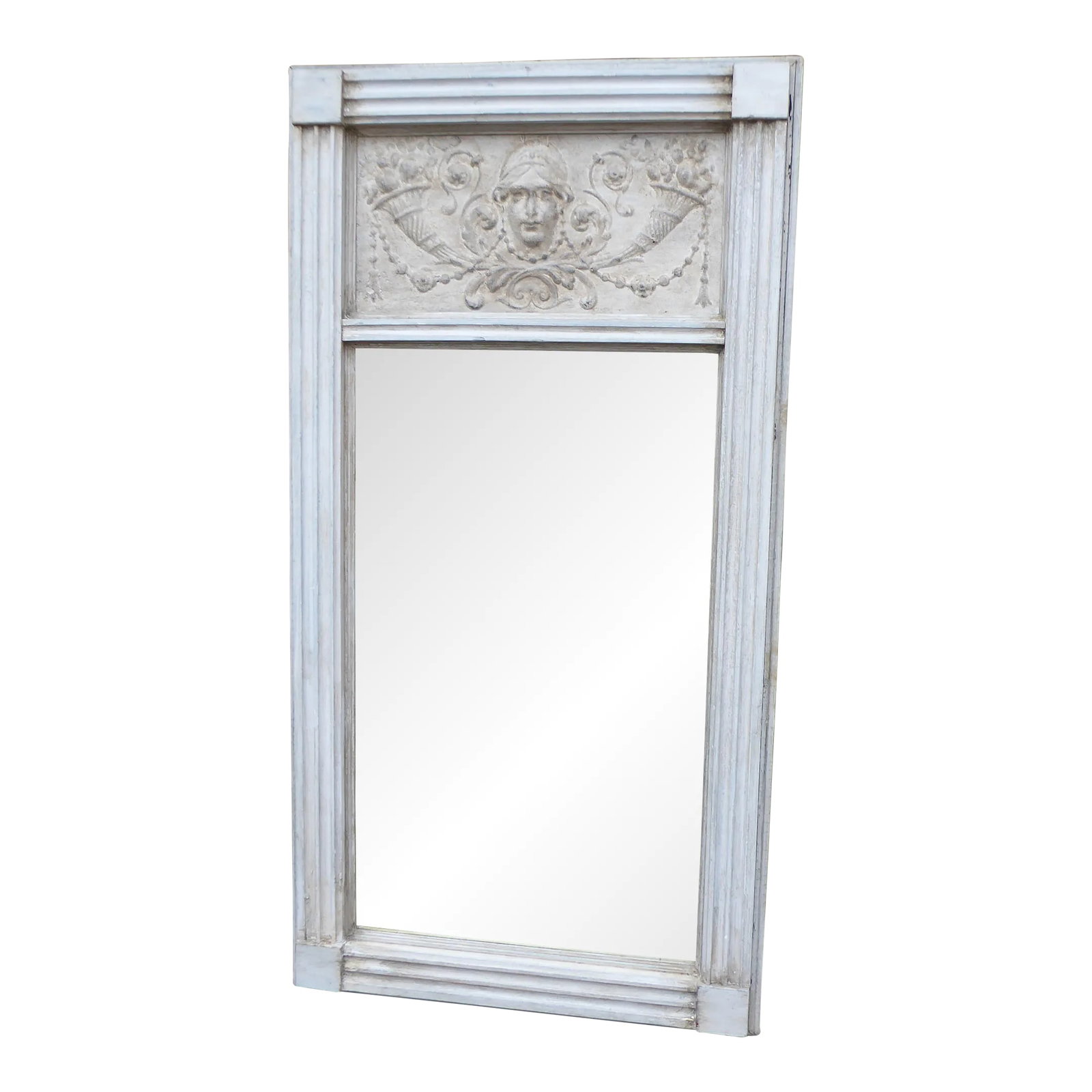 Vintage Large Empire Style Mirror: Empire style weathered finish whitewashed block corner mirror with classical frieze of goddess with cornucopias at top, 61"H x 32"W. Condition: Alterations: Unknown Imperfections: Some Imperfections