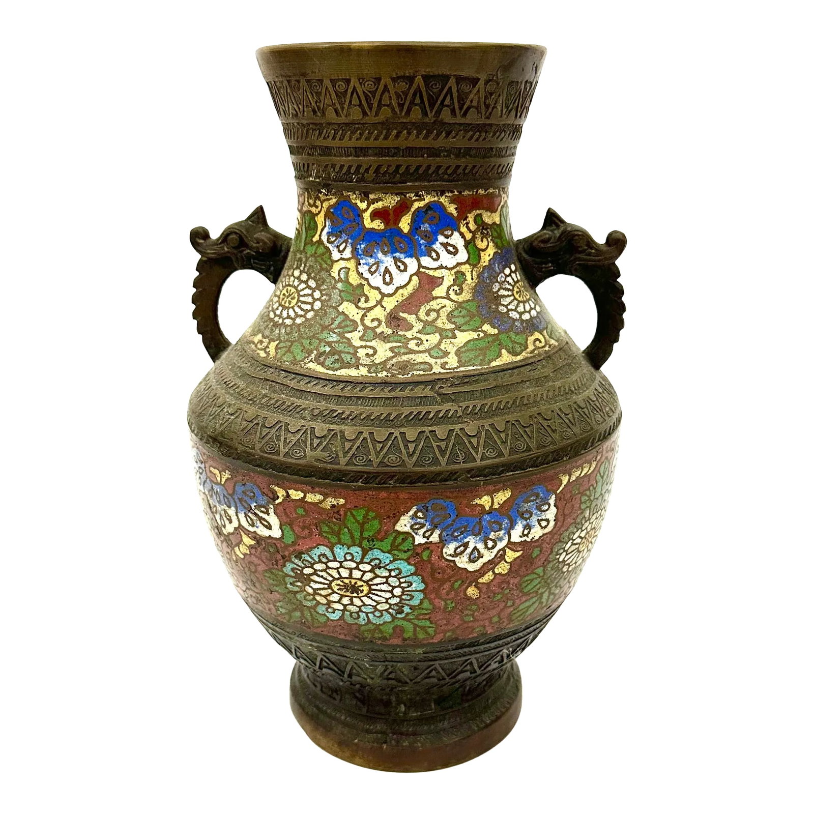 Antique Bronze Champleve Japanese Vase or Urn With Dragon Handles: Early 1900s Japanese Bronze Champleve vase or urn with Dragon Ouroboros style handle design. The base is impressed with "Made in Japan". Condition: Alterations: Original Condition Unaltered
