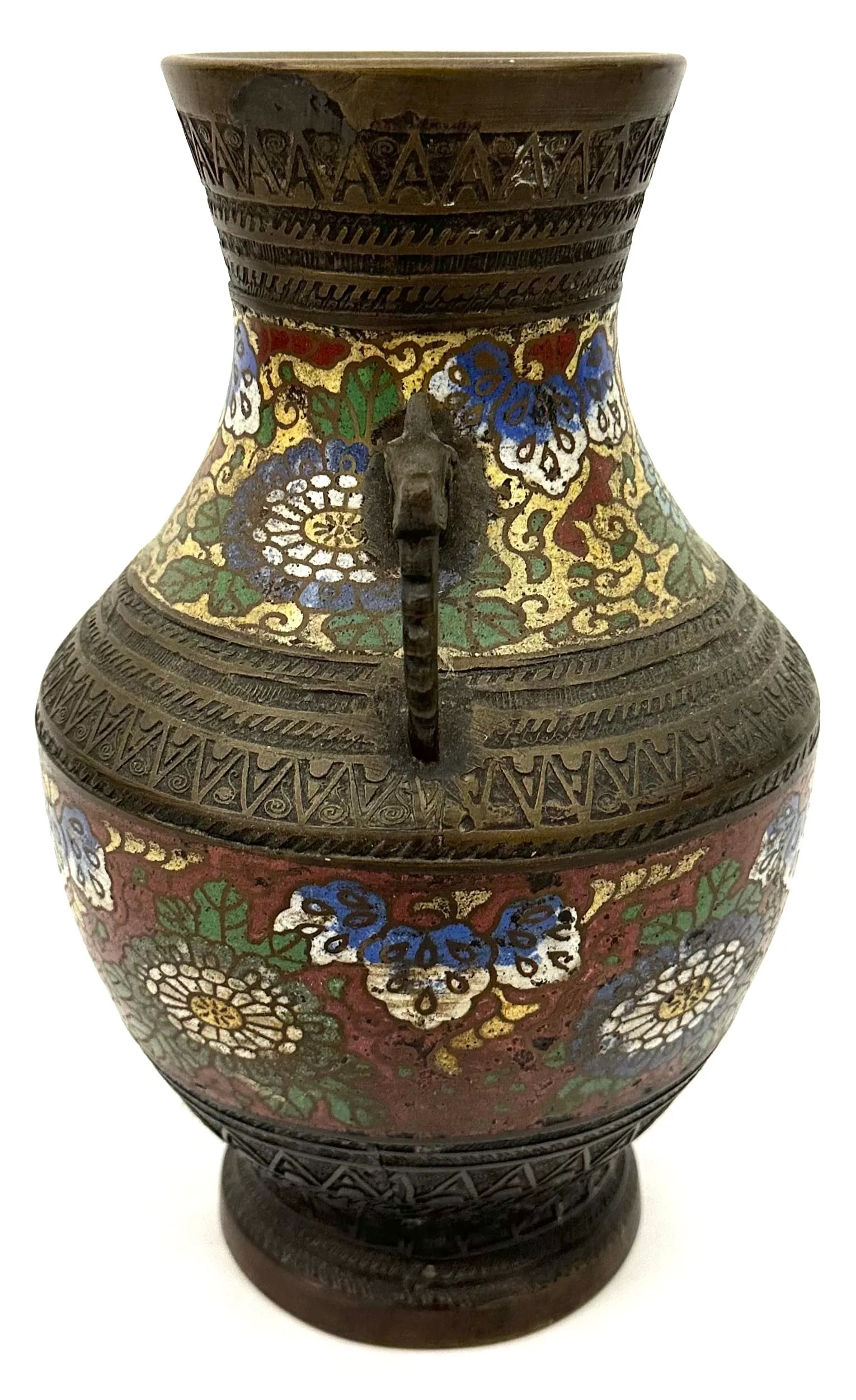 Antique Bronze Champleve Japanese Vase or Urn With Dragon Handles - 2