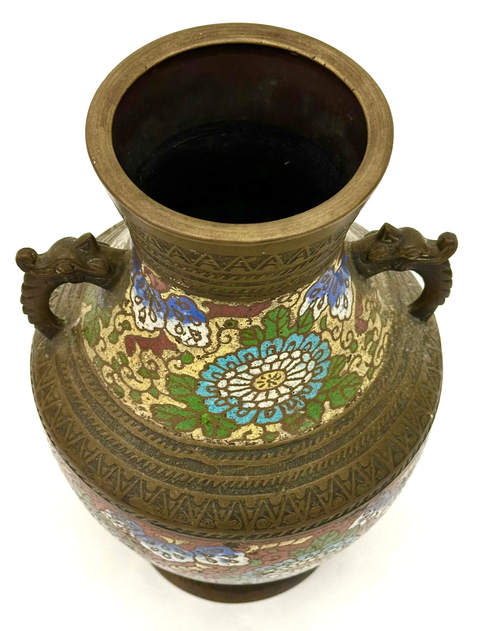 Antique Bronze Champleve Japanese Vase or Urn With Dragon Handles - 3