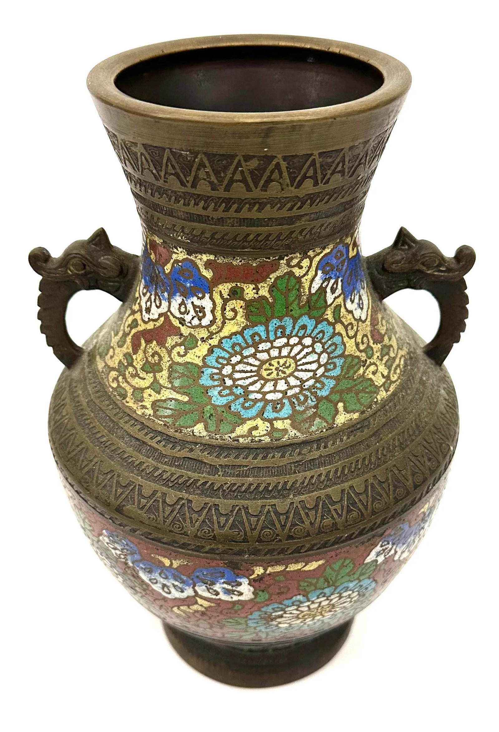 Antique Bronze Champleve Japanese Vase or Urn With Dragon Handles - 4