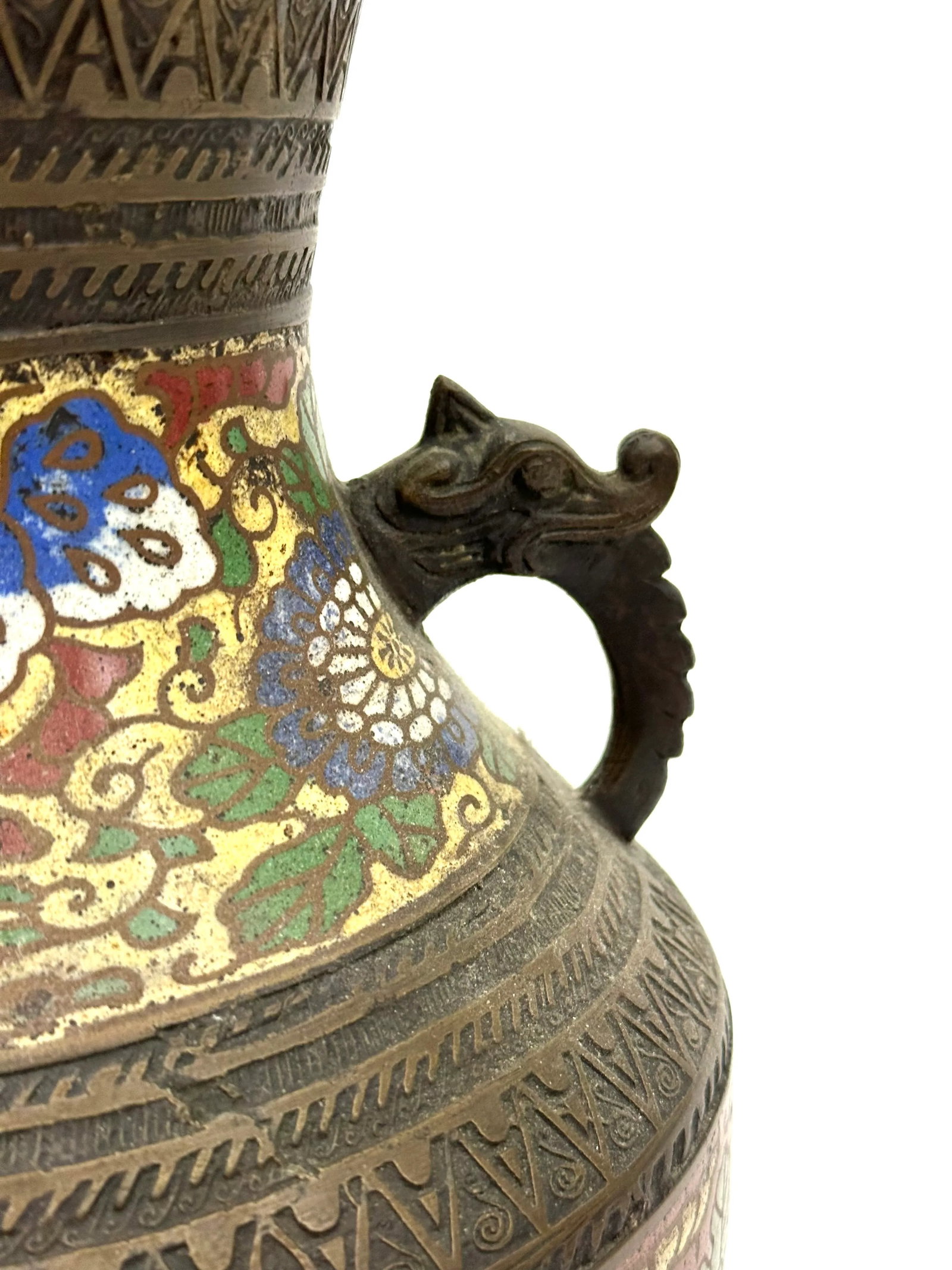 Antique Bronze Champleve Japanese Vase or Urn With Dragon Handles - 6