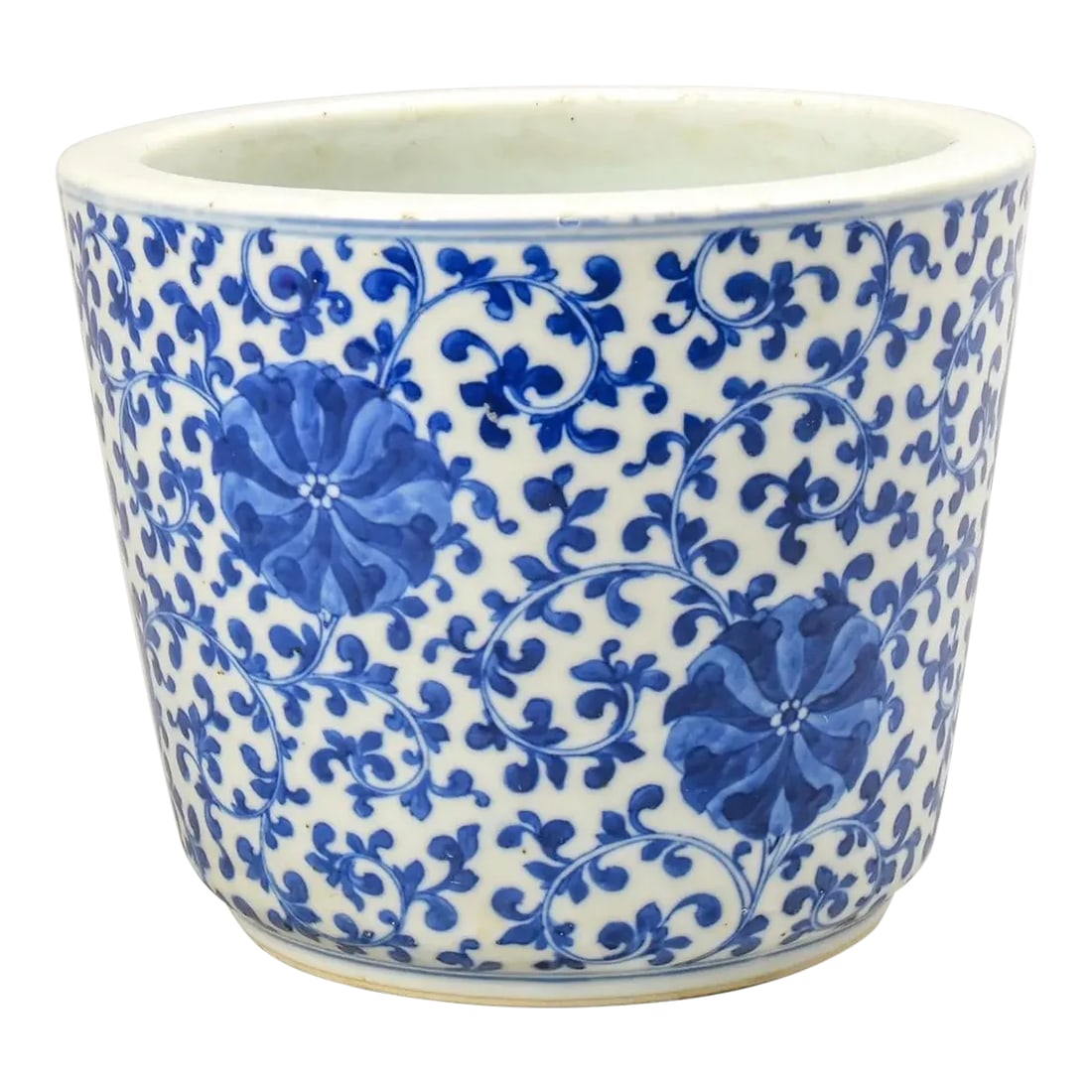 Antique Chinese Blue and White Jardiniere: Beautiful Antique Chinese Blue and White Porcelain Jardiniere , decorated with stylized scrolling lotus and flowers possiby Jingdezhen - Qing Vivid glaze drilled / excellent condition Condition: