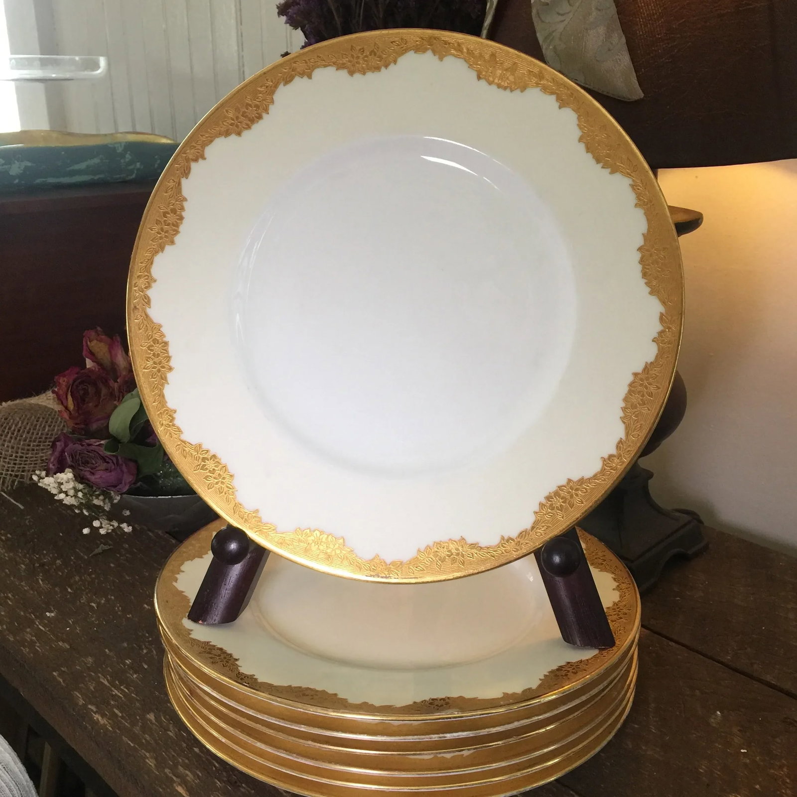 Minton Gold Encrusted Dinner Plates, Davis Collamore New York, Pattern H2564 - Set of 7 - 12