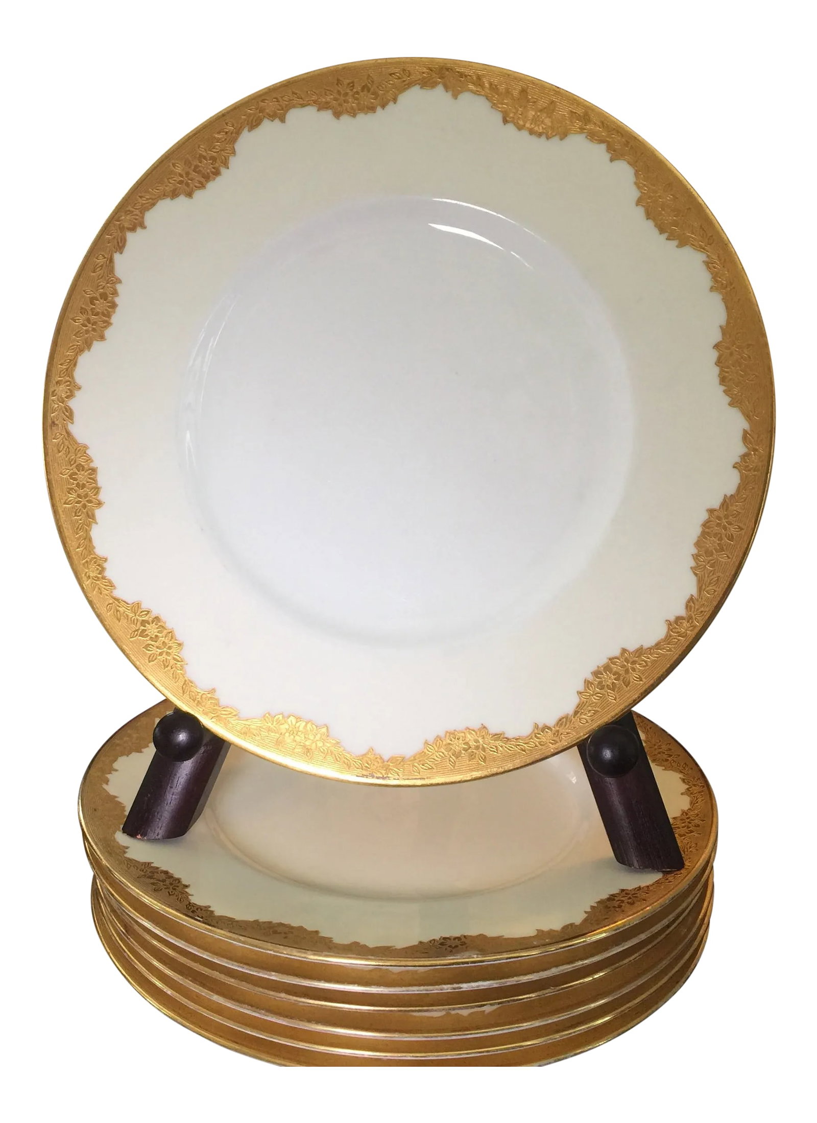 Minton Gold Encrusted Dinner Plates, Davis Collamore New York, Pattern H2564 - Set of 7: Exquisite set of 7 Minton (England) gold encrusted dinner plates. Pattern: H2564 by Minton Description: Gold Encrusted Flowers & Lines, Smooth Circa: 1913 Backstamped Minton. Marked Davis Collamore &