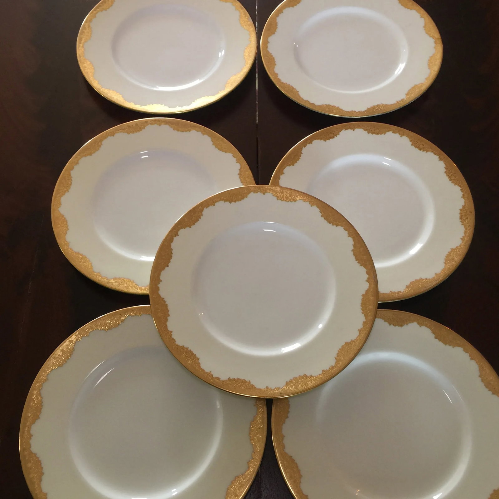 Minton Gold Encrusted Dinner Plates, Davis Collamore New York, Pattern H2564 - Set of 7 - 7