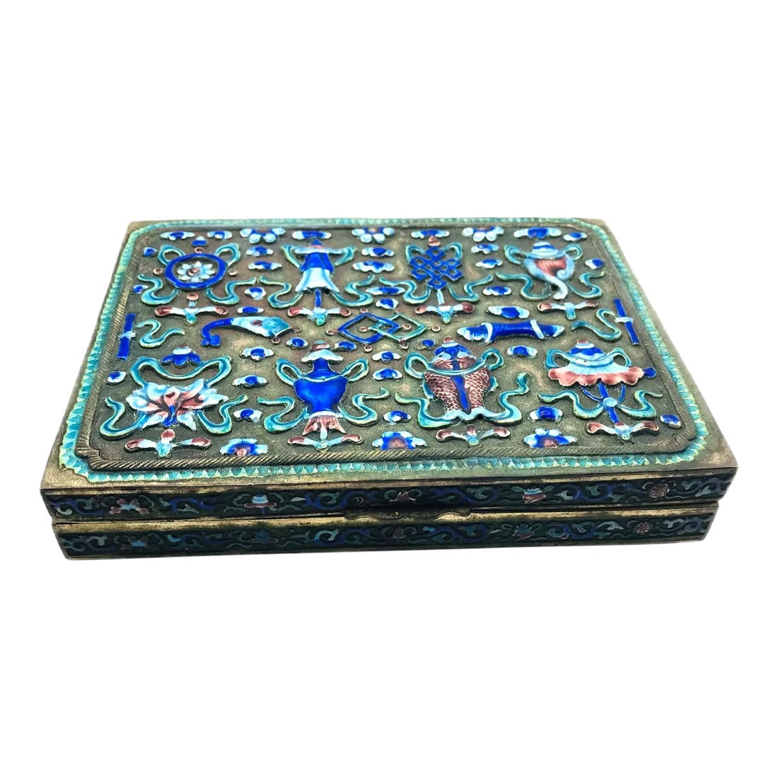 Antique Cantonese Enamel Silver Box With Buddhist Symbols: The art of making enamel objects in China was regional in Dynastic China. The metalsmiths working in Canton (Guangzhou,) the capital of China's southernmost province Guangdong had presented the Qing