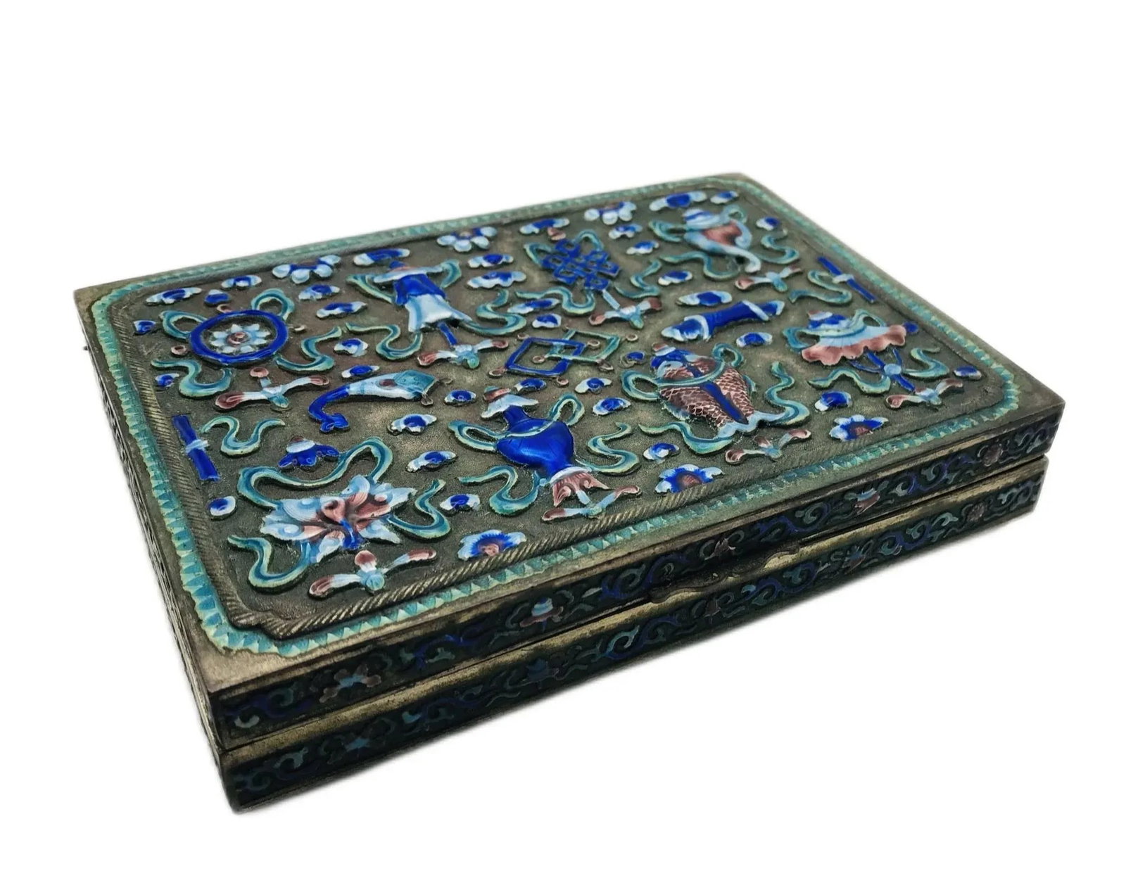 Antique Cantonese Enamel Silver Box With Buddhist Symbols - 2