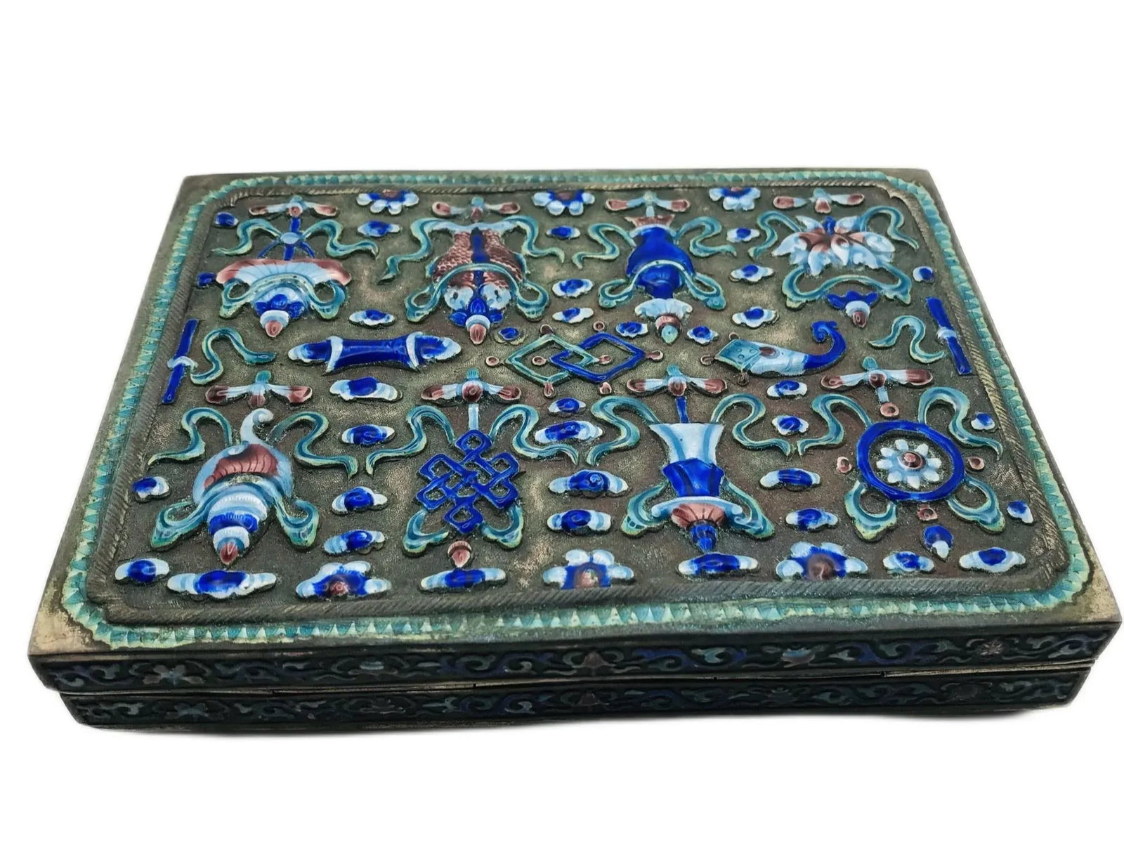 Antique Cantonese Enamel Silver Box With Buddhist Symbols - 3