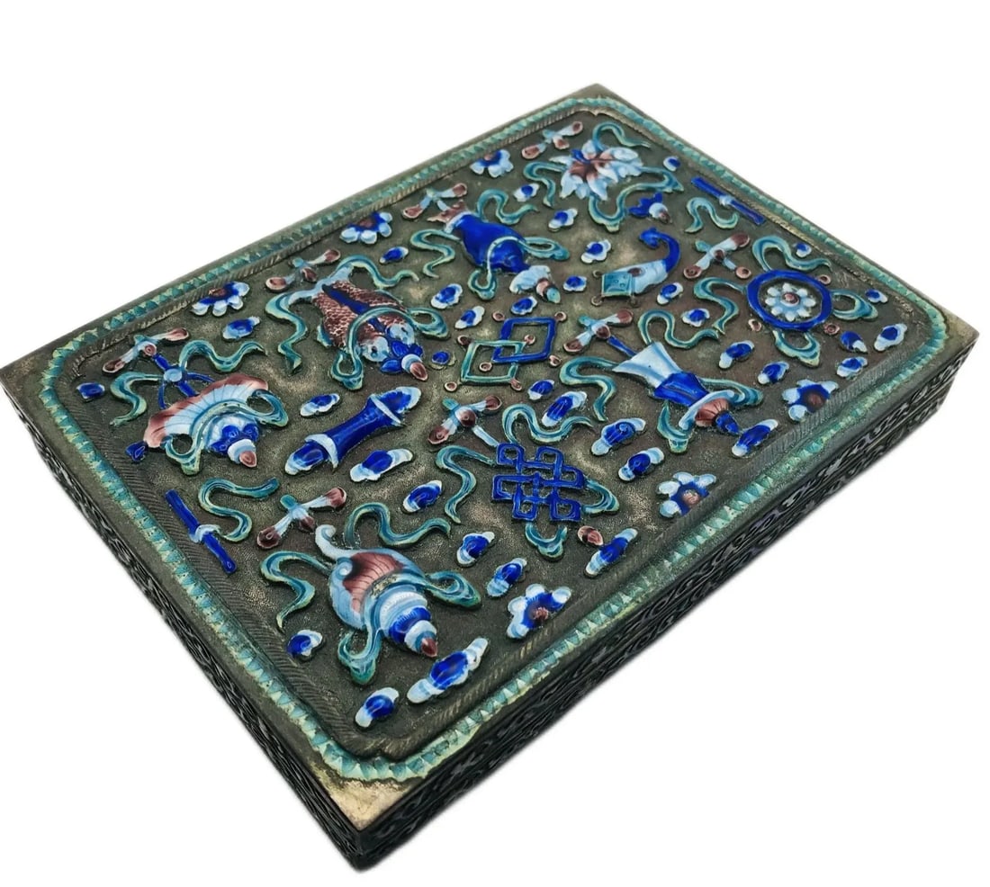 Antique Cantonese Enamel Silver Box With Buddhist Symbols - 4