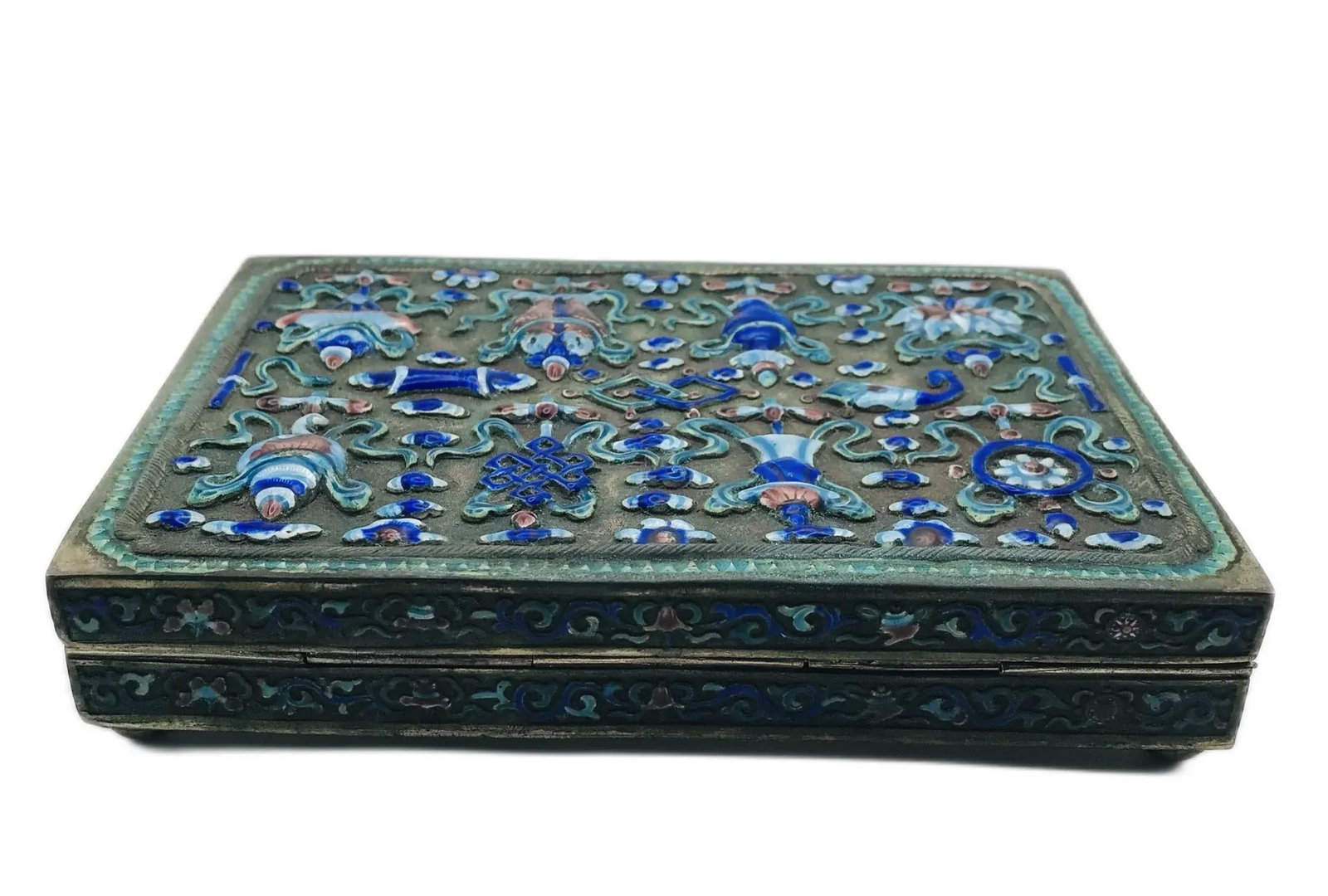 Antique Cantonese Enamel Silver Box With Buddhist Symbols - 7