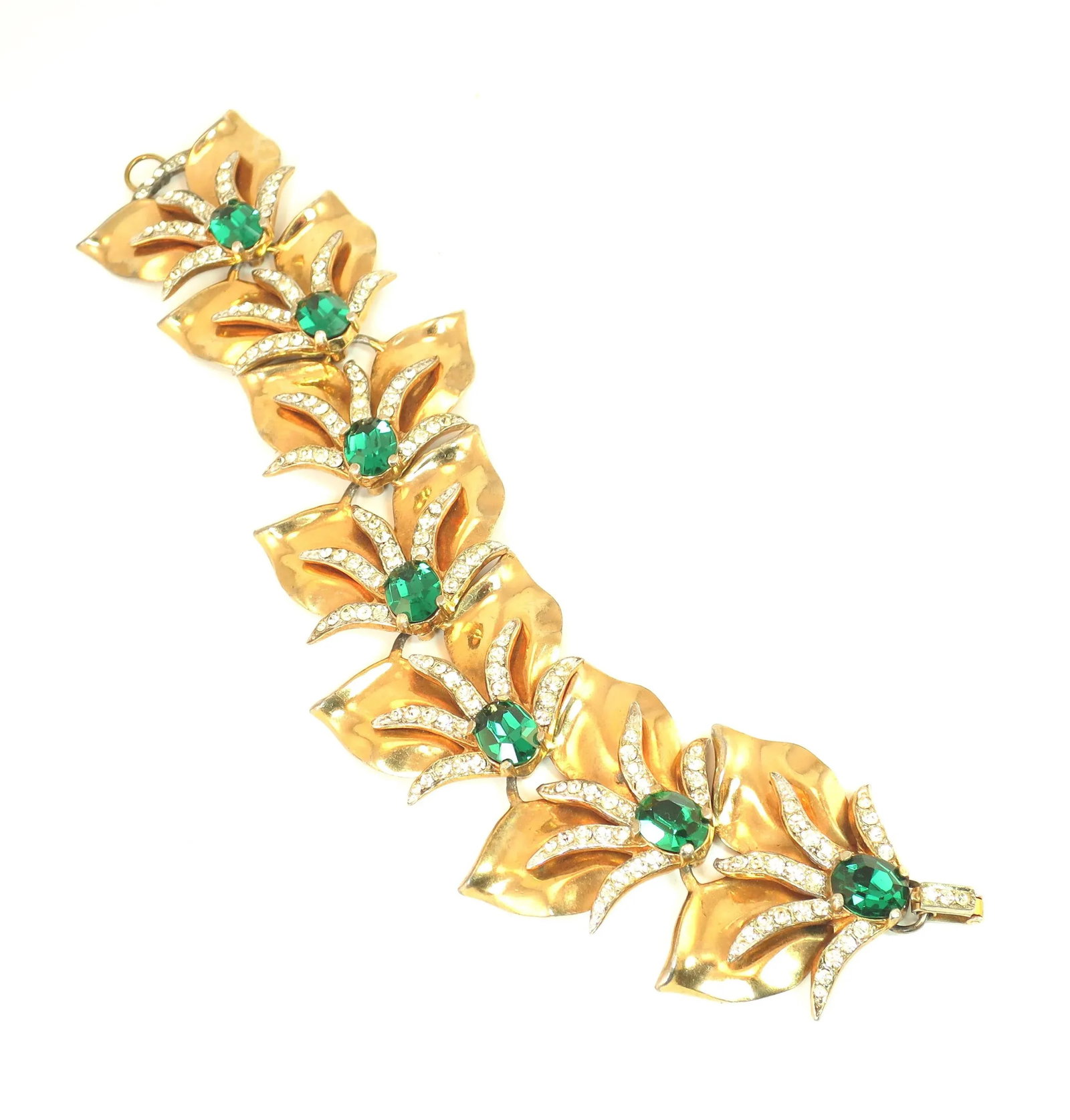 Vintage 1940s Mid-Century Modern Emerald Crystal Link Bracelet - 5