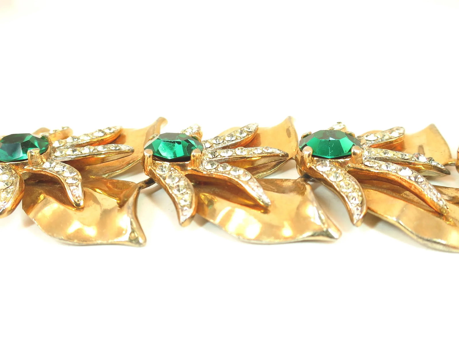 Vintage 1940s Mid-Century Modern Emerald Crystal Link Bracelet - 8
