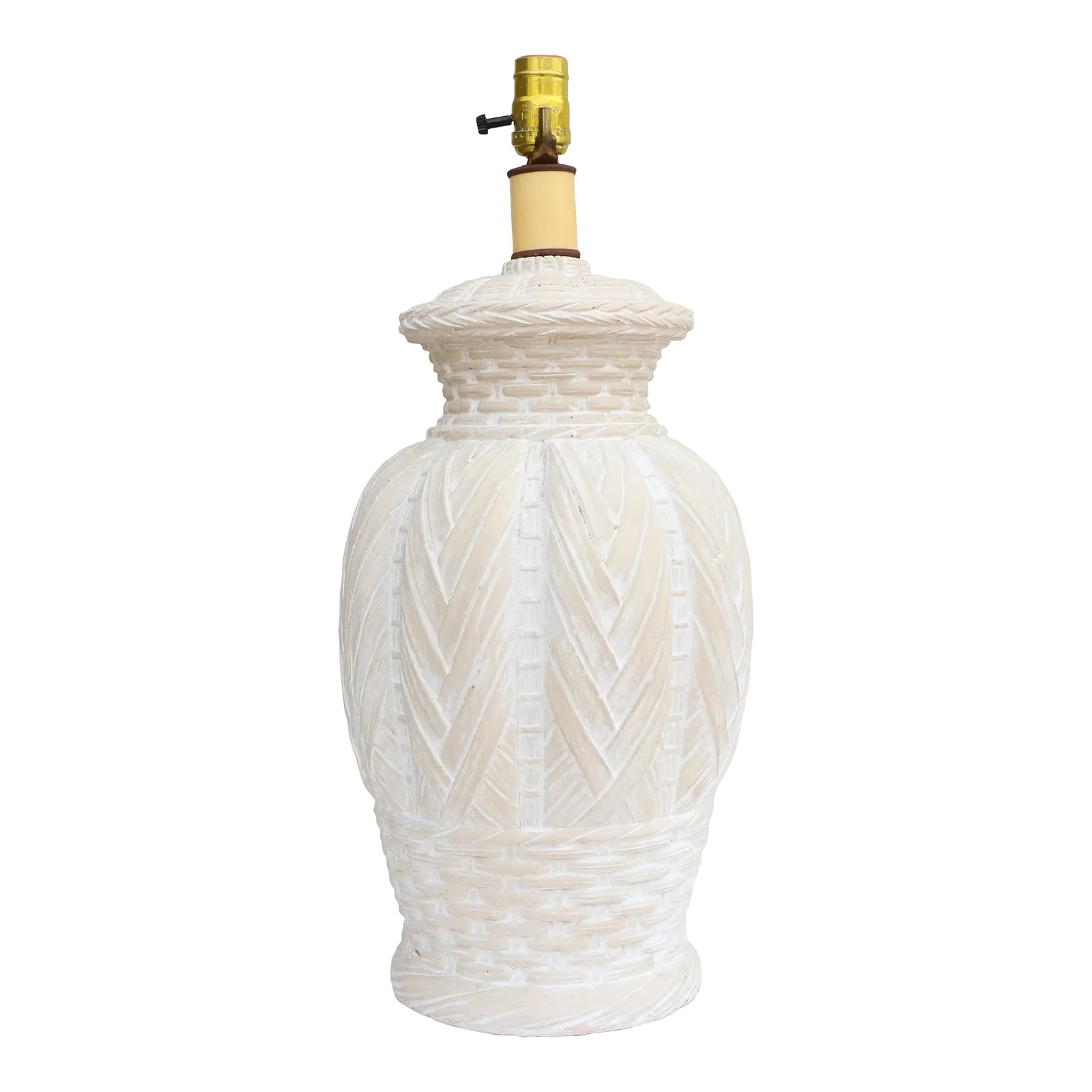 Plaster Woven Basket Form Table Lamp: This large plaster lamp base has a woven ginger jar form with a cerused or whitewashed finish. A design chameleon; it would work with coastal, Palm Beach Regency, Asian, and myriad other design