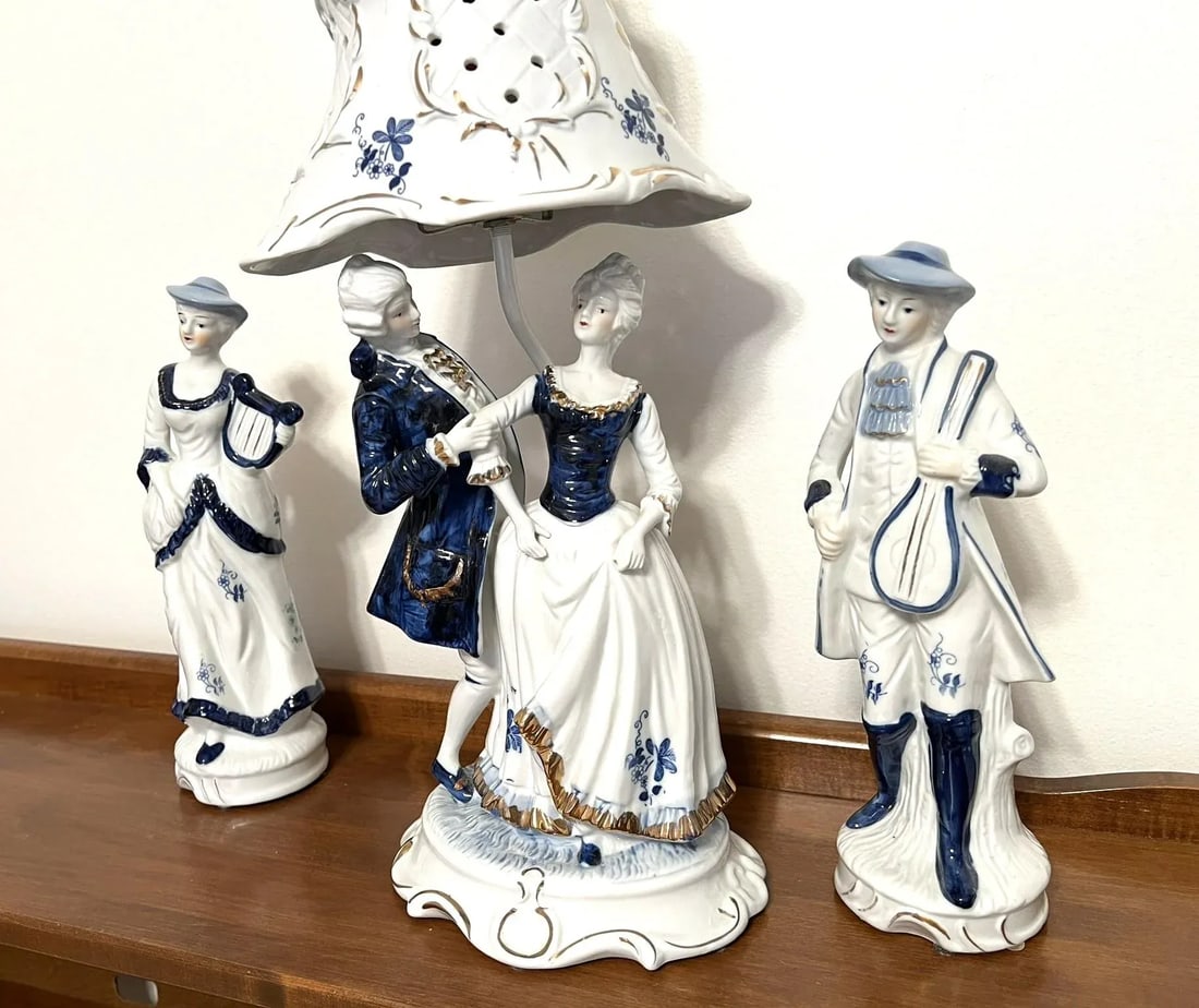 Vintage Blue and White Porcelain Figural Lamps With Side Figures - 3 Piece Set - 2
