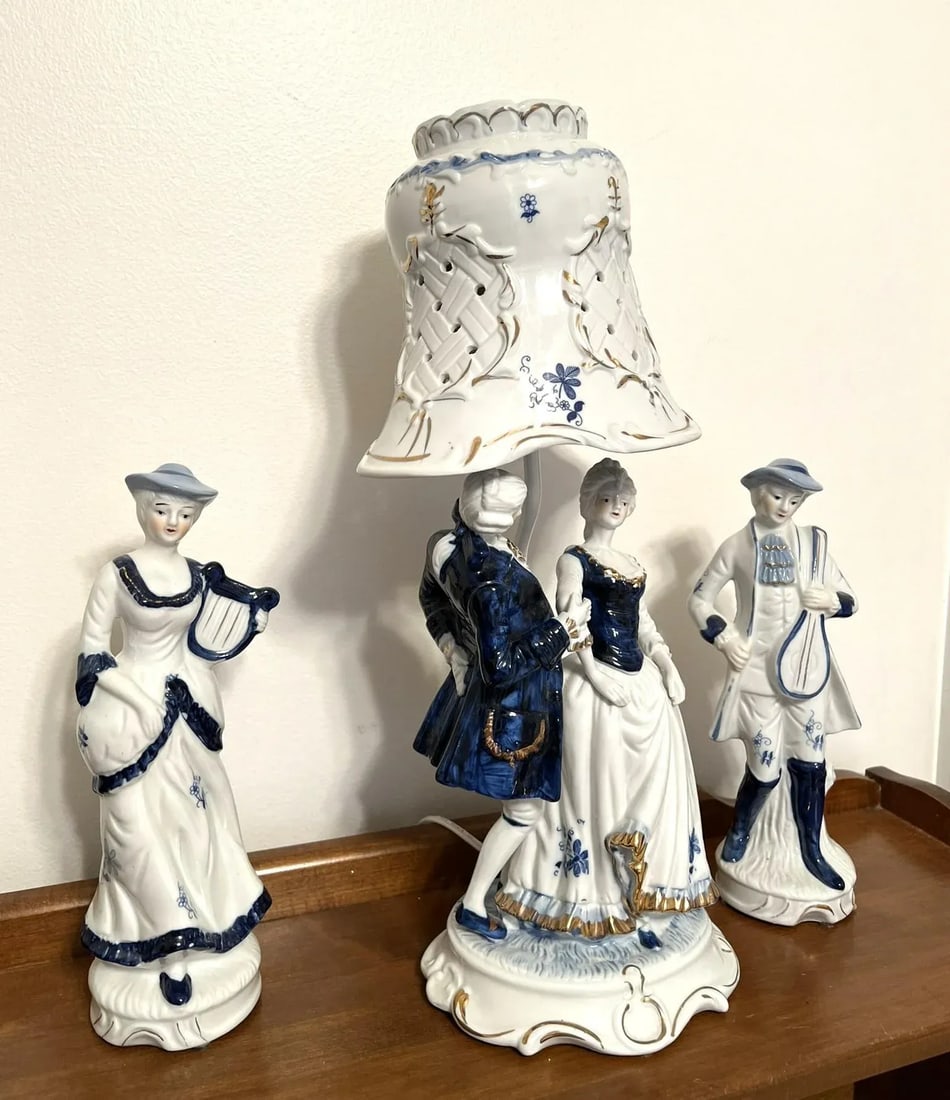 Vintage Blue and White Porcelain Figural Lamps With Side Figures - 3 Piece Set - 3