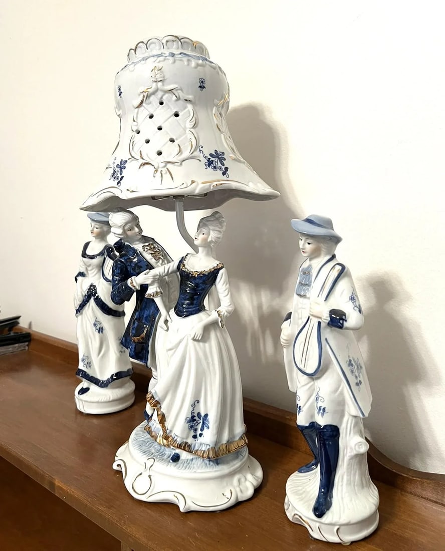 Vintage Blue and White Porcelain Figural Lamps With Side Figures - 3 Piece Set - 4