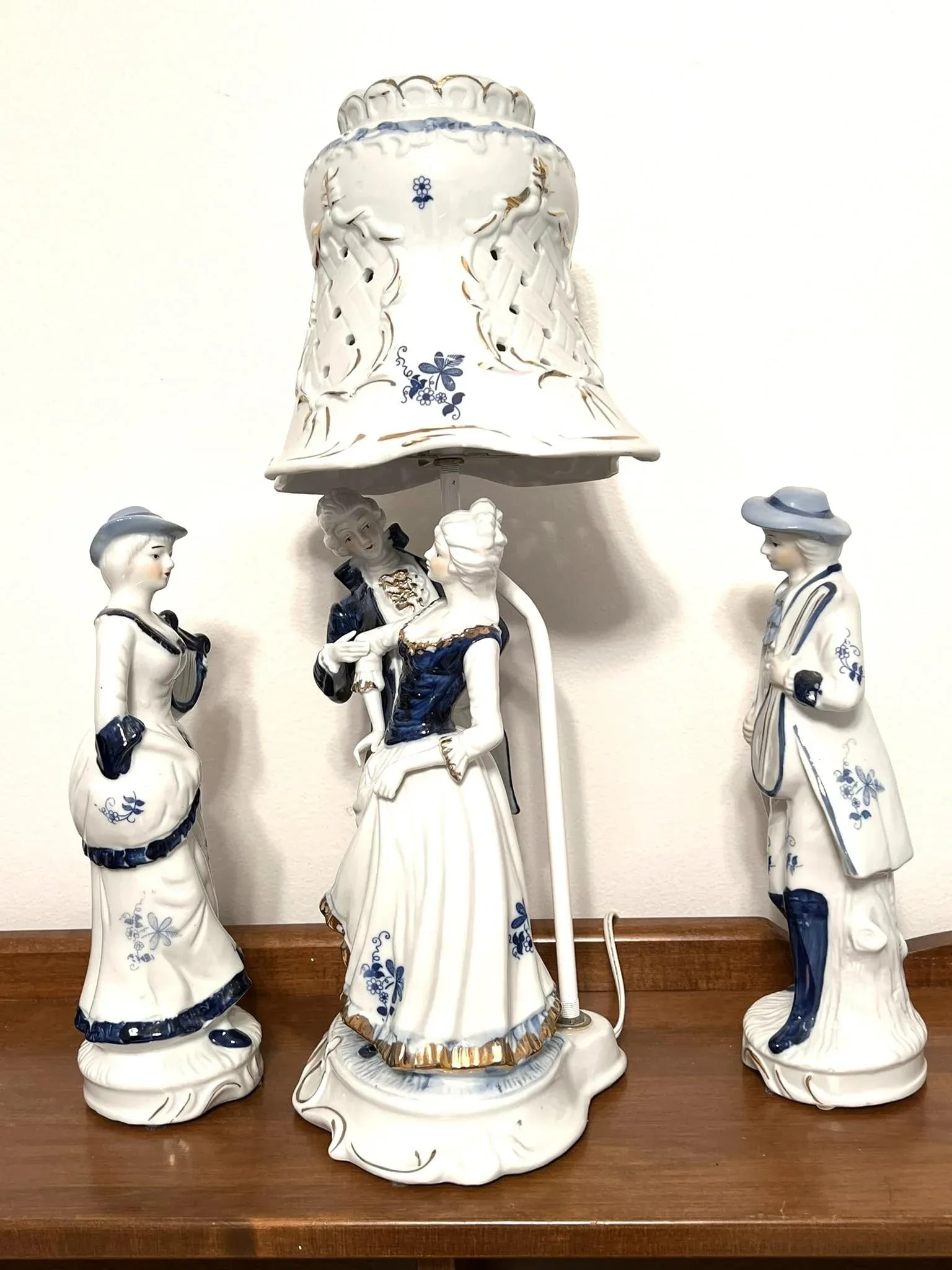 Vintage Blue and White Porcelain Figural Lamps With Side Figures - 3 Piece Set - 5