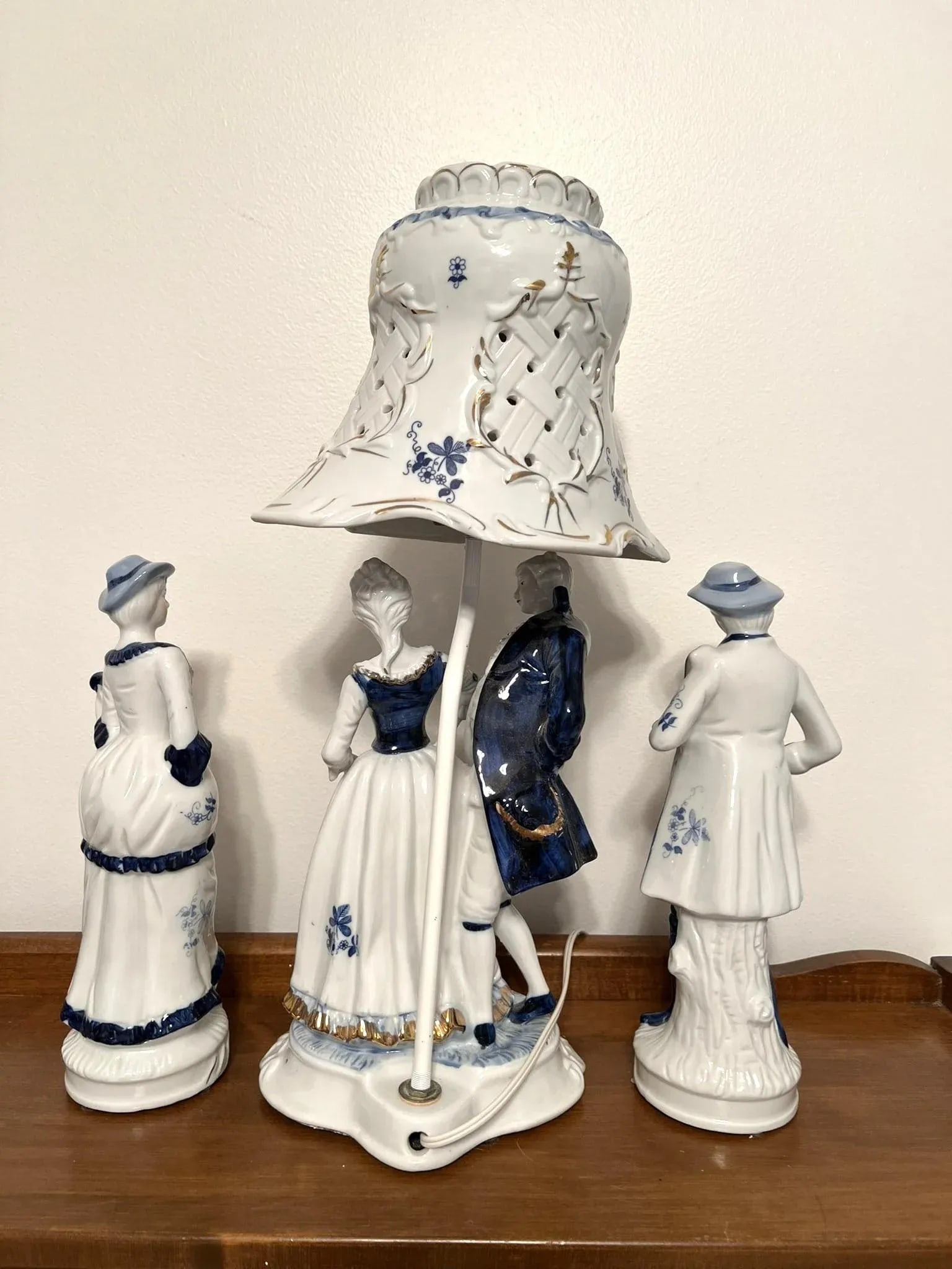 Vintage Blue and White Porcelain Figural Lamps With Side Figures - 3 Piece Set - 6