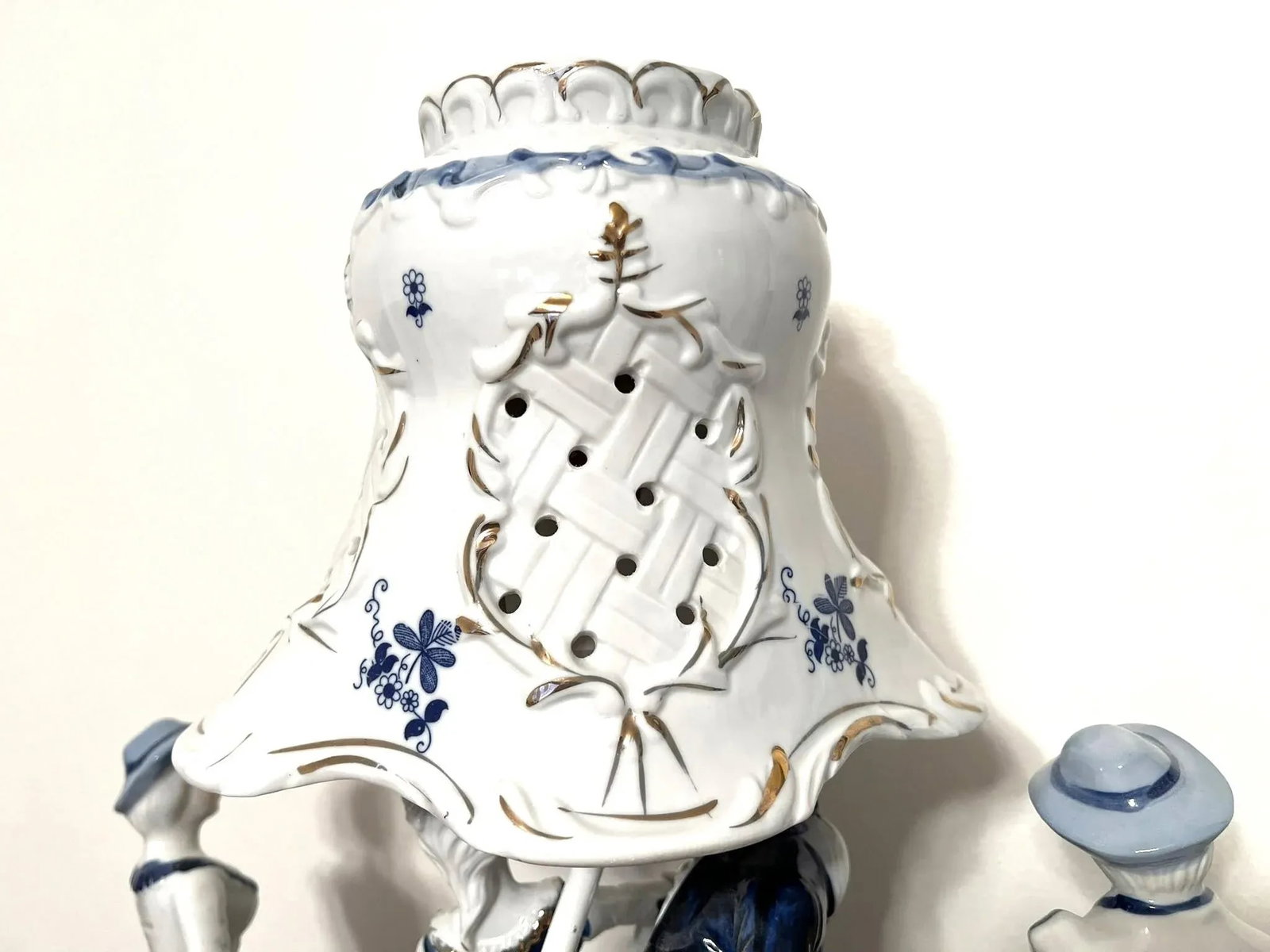 Vintage Blue and White Porcelain Figural Lamps With Side Figures - 3 Piece Set - 7